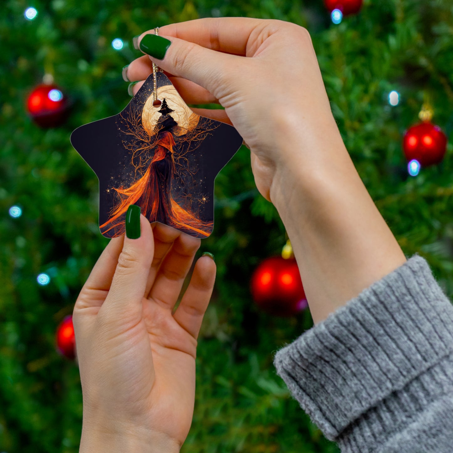 Witchy Yule Ornament - Full Moon ceremony in the Woods with Cloaked Witch - Blessed Yule! Ceramic ornament for Yule Tree or home decoration
