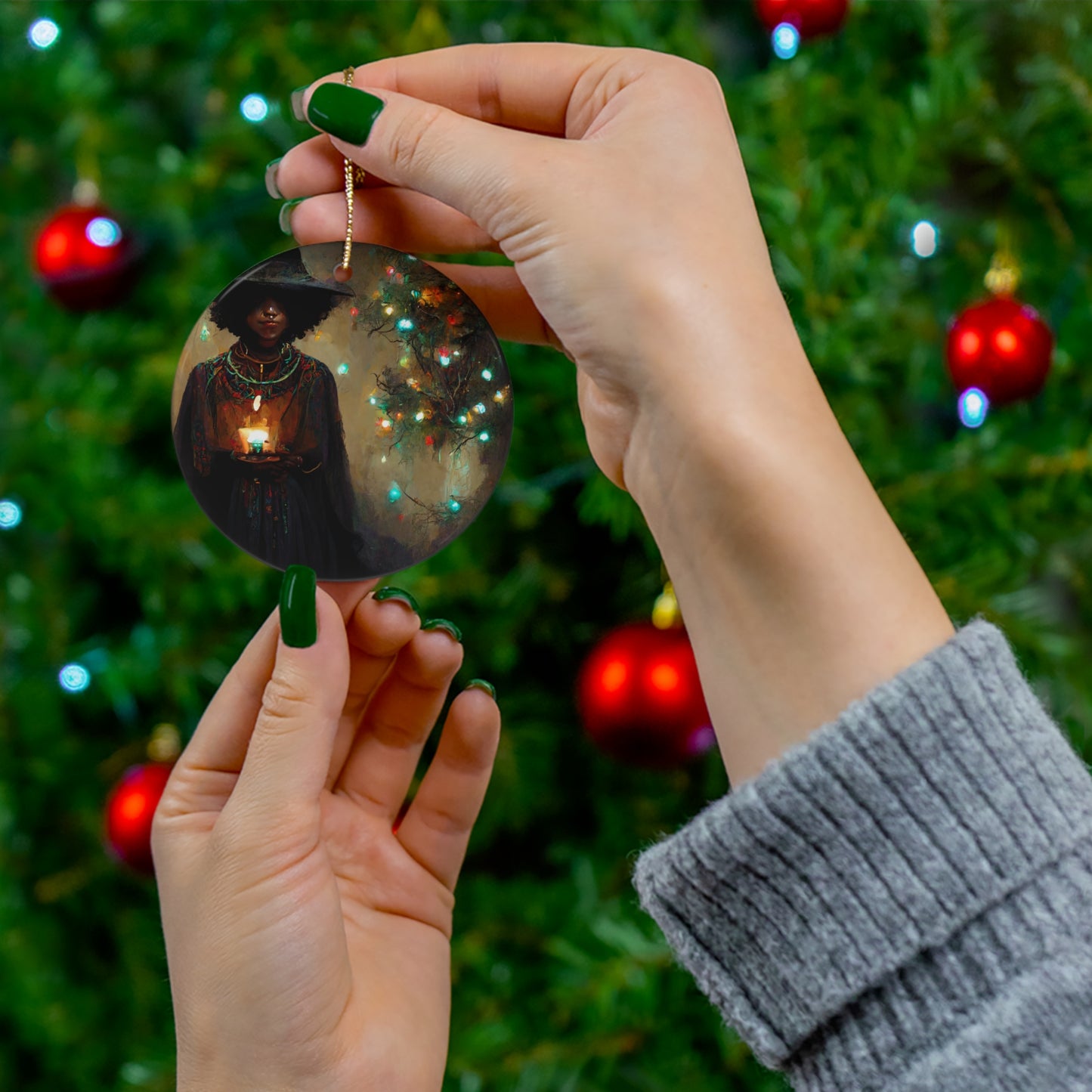 Witchy Yule Ornament - Witchy woman holding a candle with yule lights Blessed Yule! Ceramic ornament for Yule Tree black woman wiccan pagan