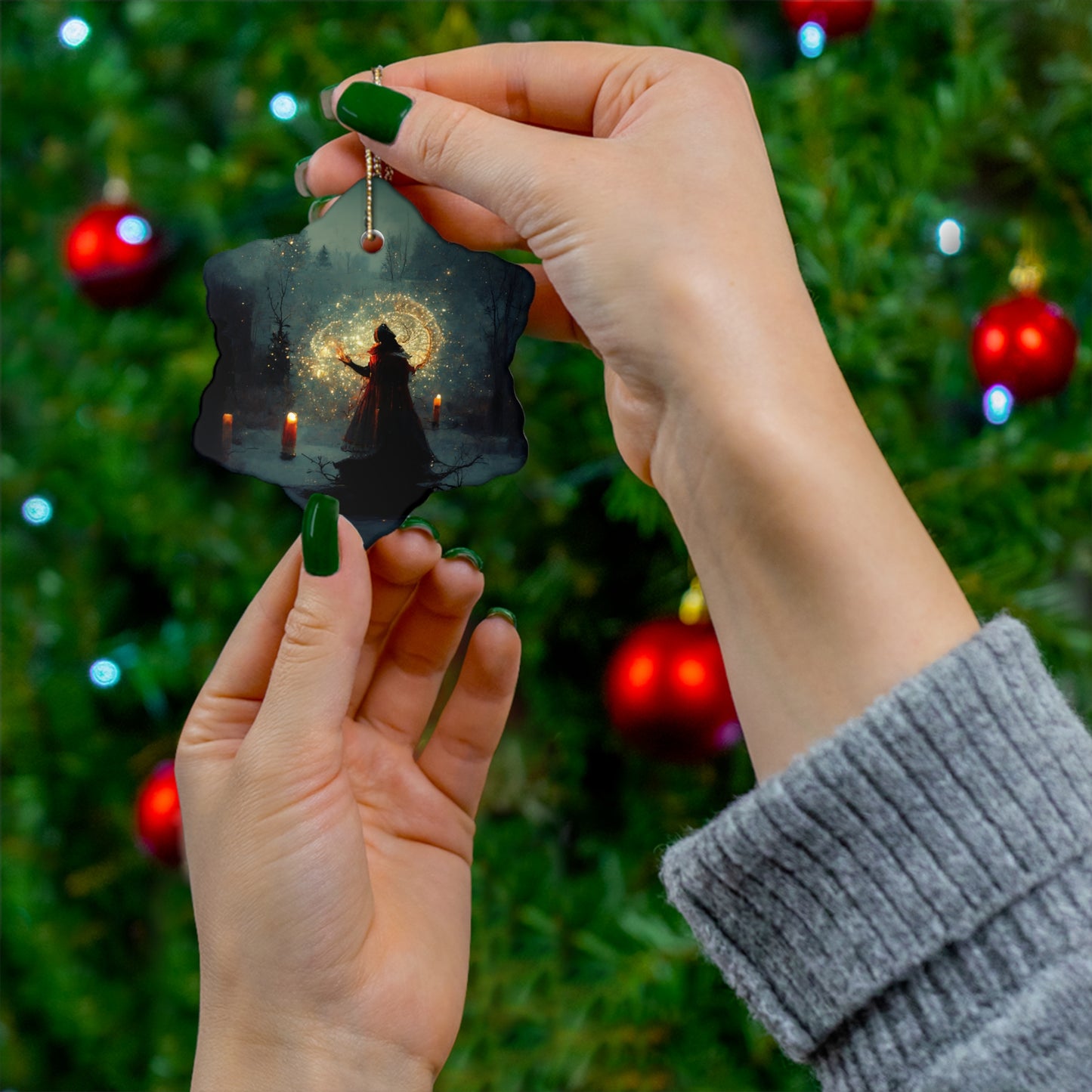 Witchy Yule Ornament - Candle Ceremony in the Woods with Cloaked Witch - Blessed Yule! Ceramic ornament for Yule Tree or home decoration