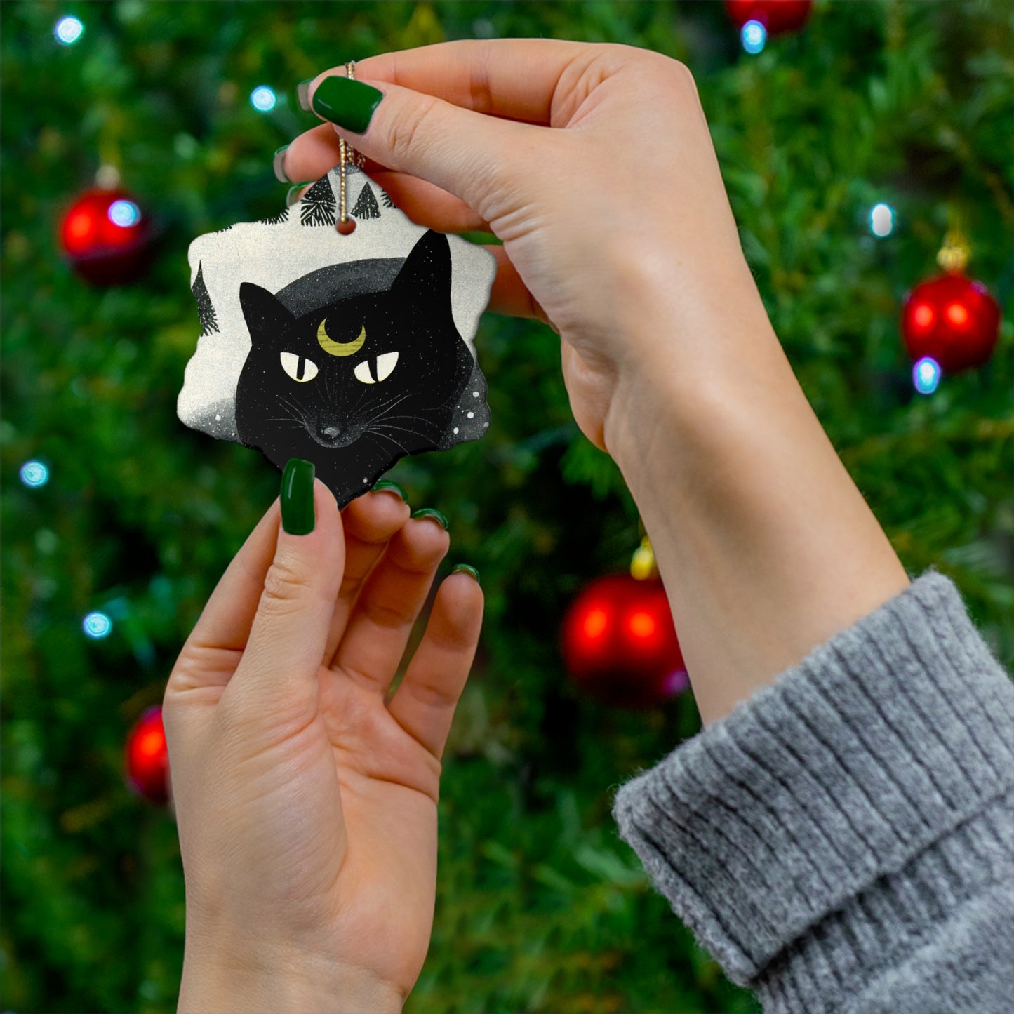 Witchy Yule Ornament - Ceramic Black Cat Yule Ornament - Blessed Yule! For Yule Tree pagan man gift wiccan gift pagan decor, witchy Familiar