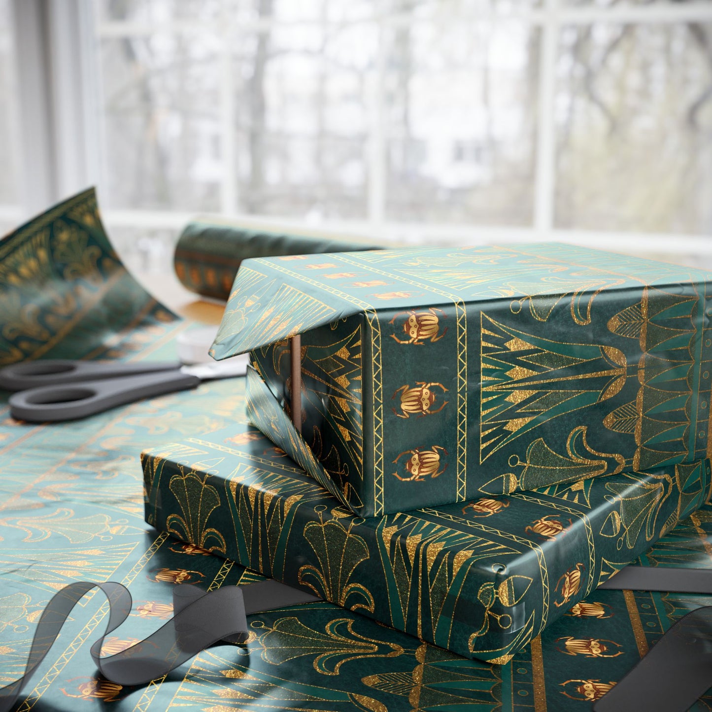 Green & Gold Egyptian Scarabs | Witchy Wrapping Paper | Boutique Gift Wrap