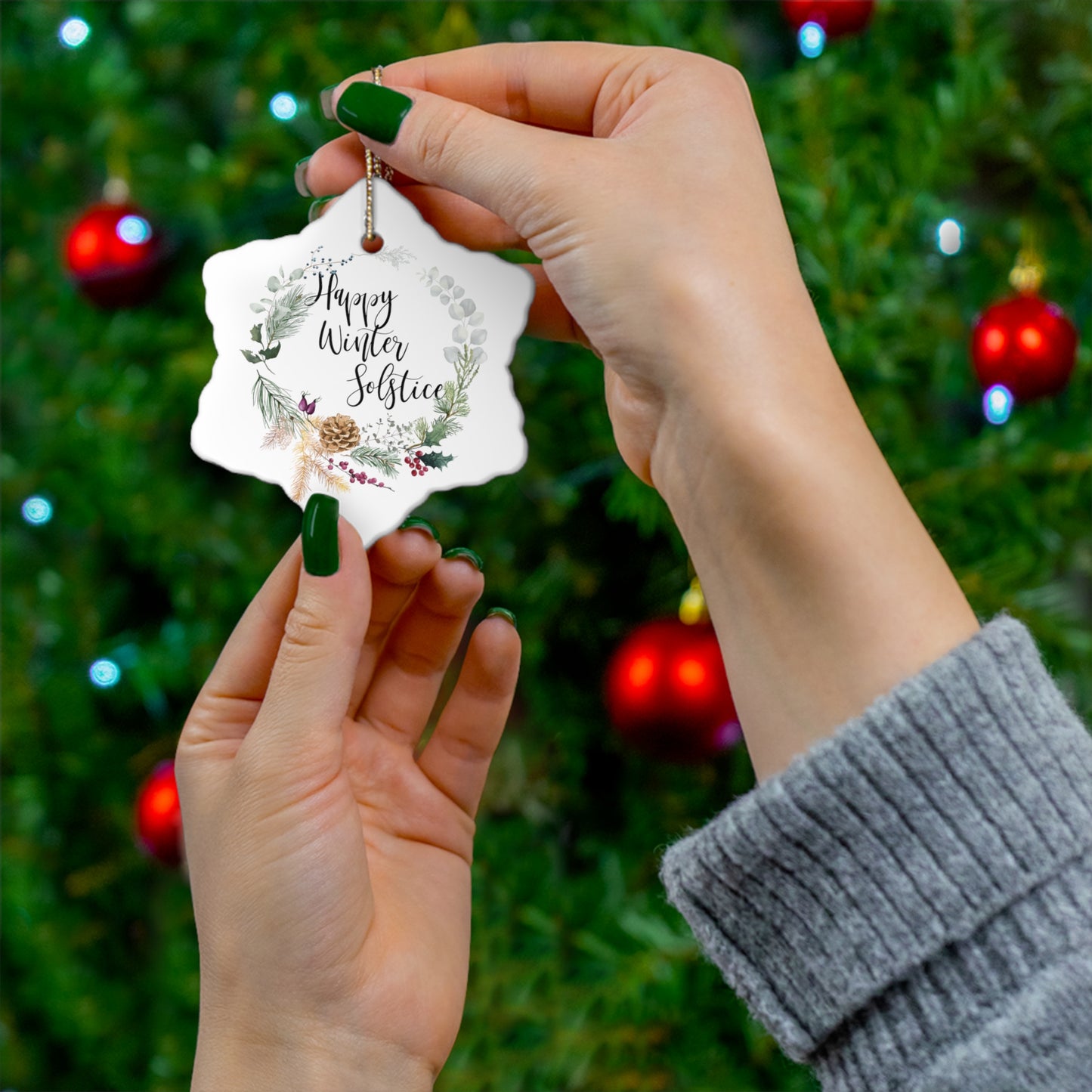 Happy Winter Solstice Ornament - Ceramic Yule ornament, Pagan gift, Pagan Man Gift, solstice decor, yule decoration, wiccan gift witchy gift