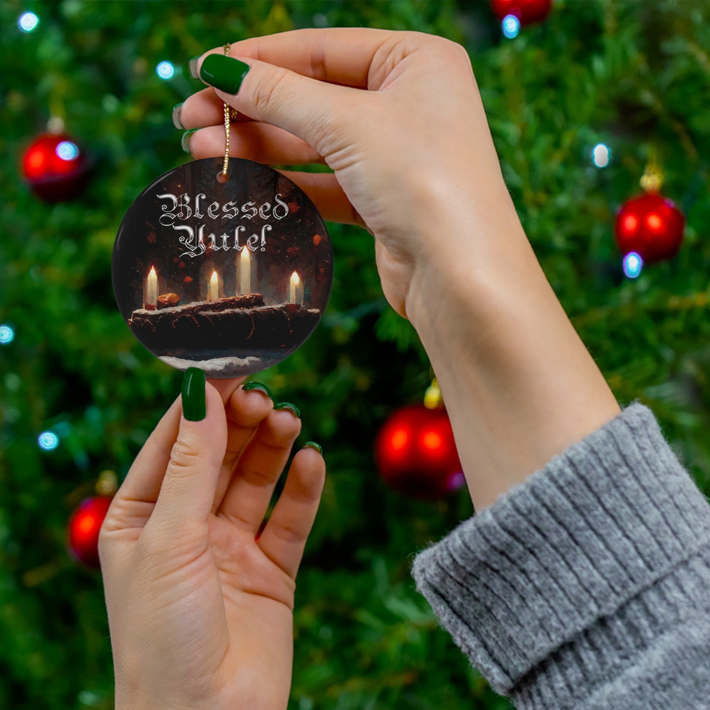 Pagan Yule Ornament - ornament with Yule Log and candles with "Blessed Yule" - Happy Yule ornaoment, pagan gift, pagan man gift, decor