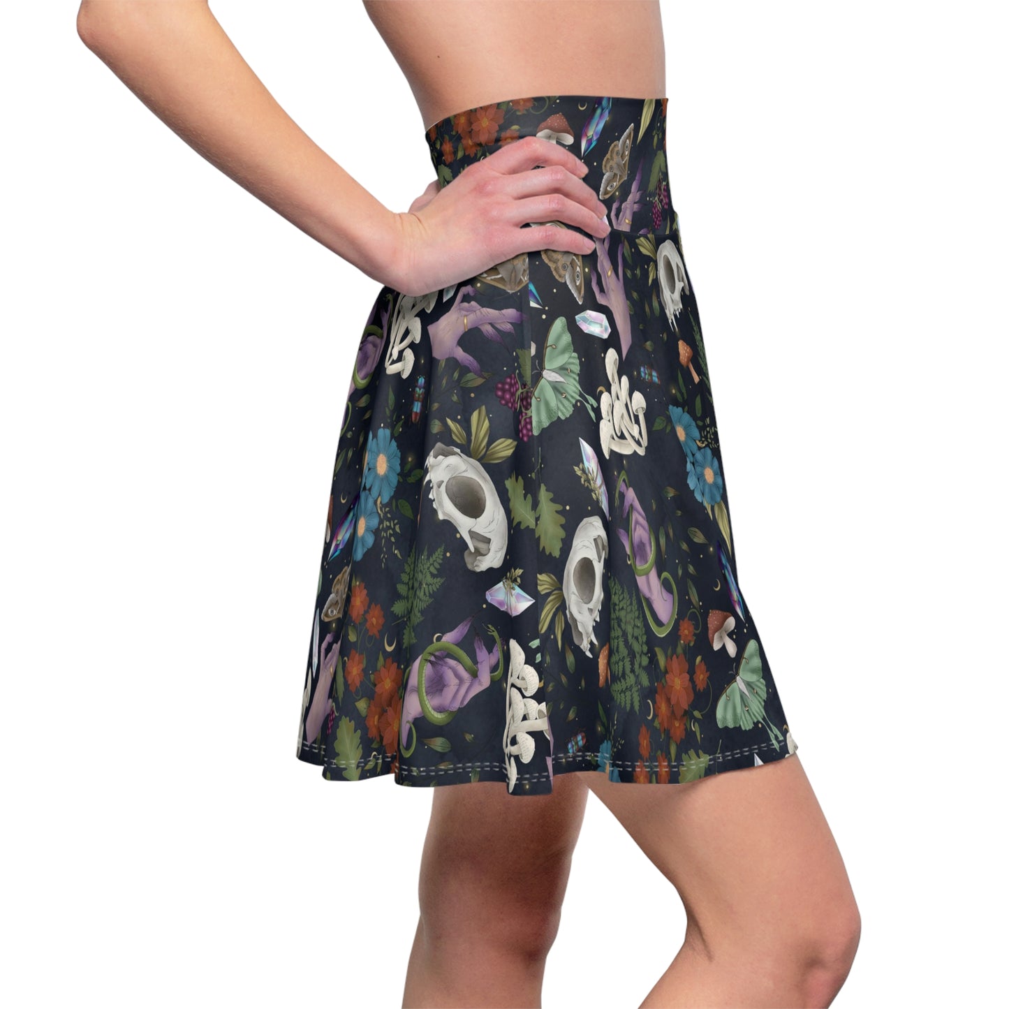 Skulls, Mushrooms & Moths | Witchy Skirt | Magical Skirt | Protection Symbol | Blue & White Skirt | Polyester Spandex