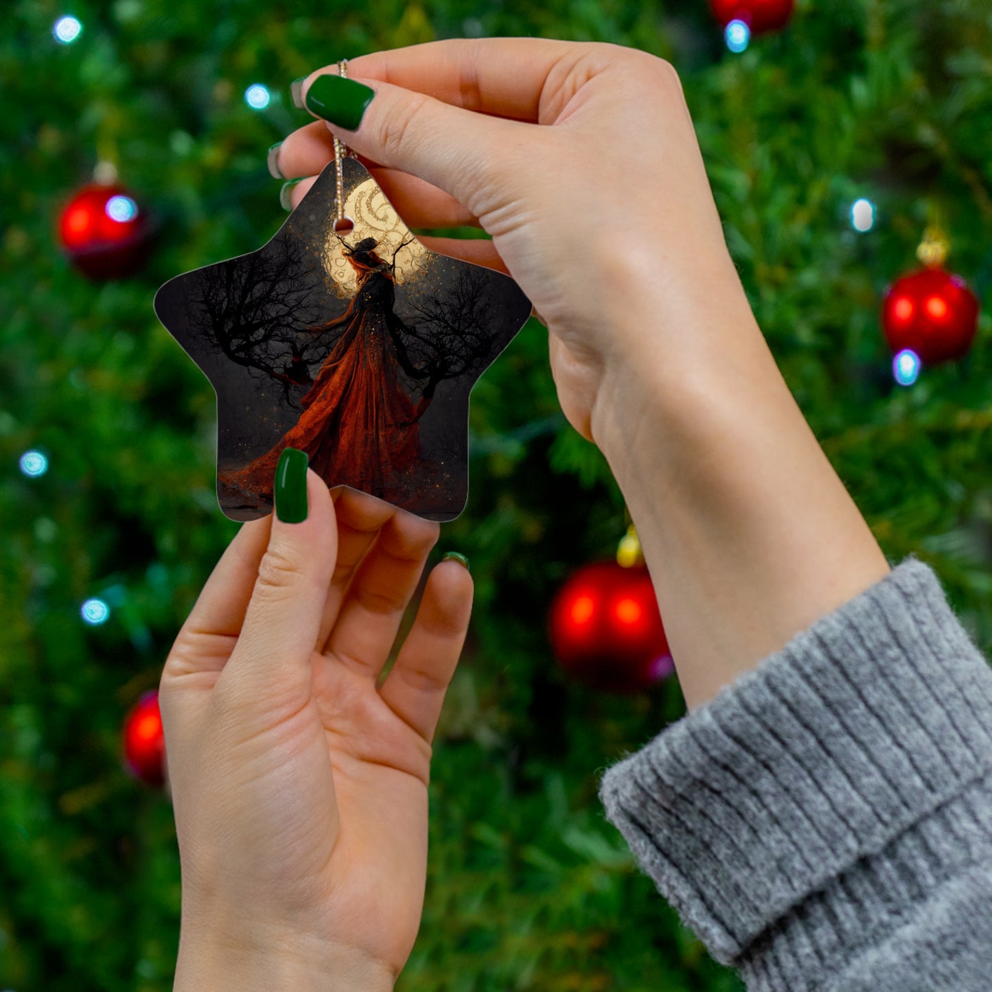 Witchy Yule Ornament - Full Moon Ceremony in the Woods with Cloaked Witch - Blessed Yule! Ceramic ornament for Yule Tree or home decoration