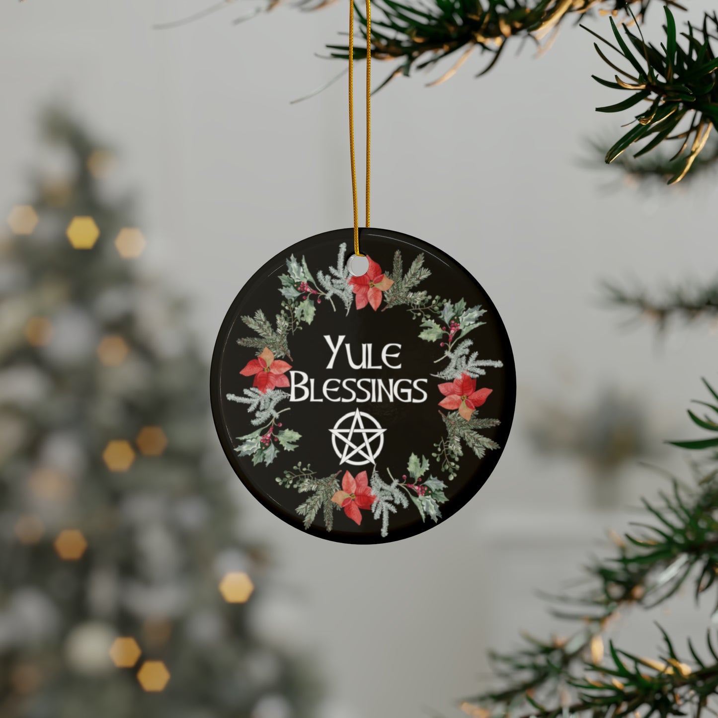 Yule Blessings Wreath Ornament | Circle, Star, Heart, Snowflake Shapes