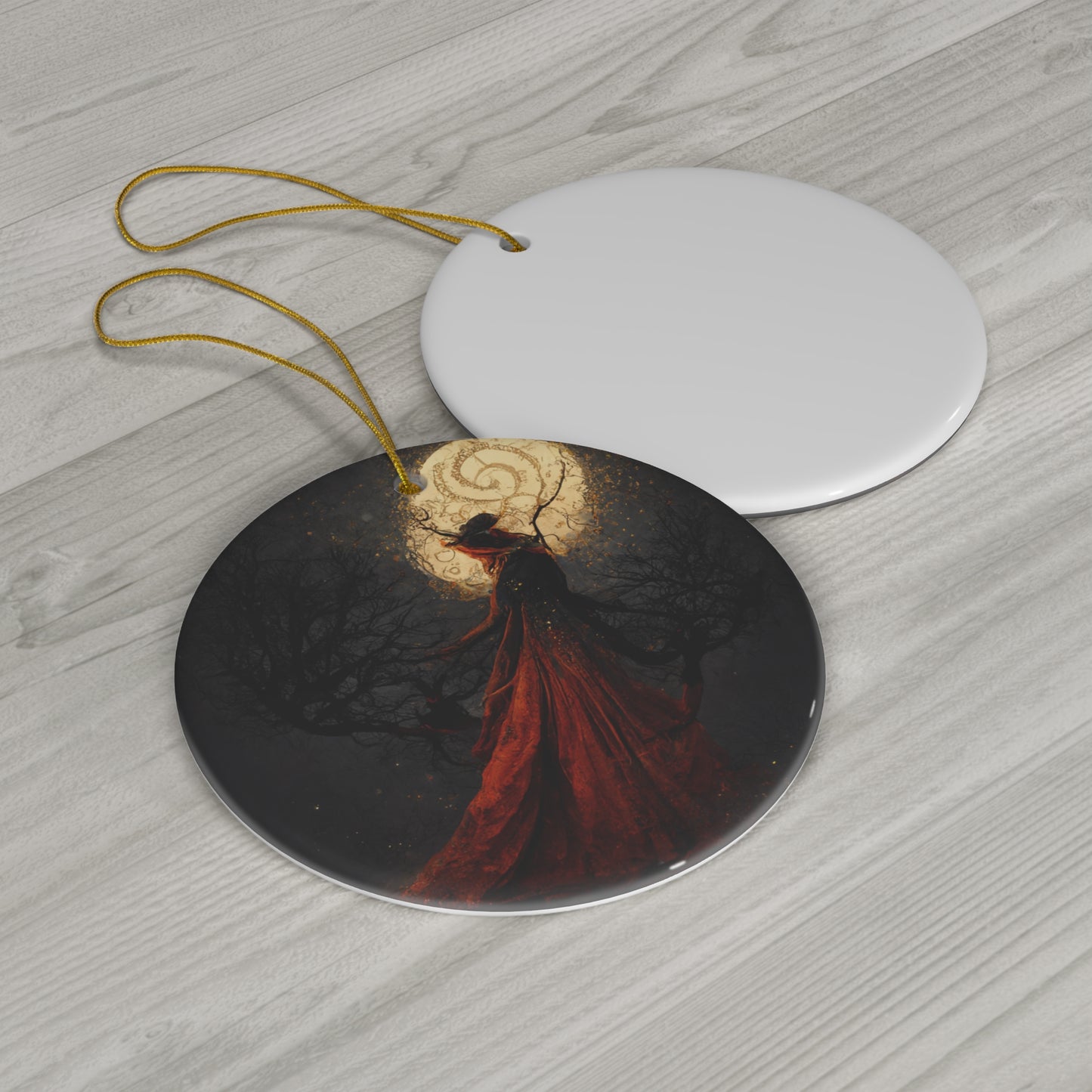 Witchy Yule Ornament - Full Moon Ceremony in the Woods with Cloaked Witch - Blessed Yule! Ceramic ornament for Yule Tree or home decoration