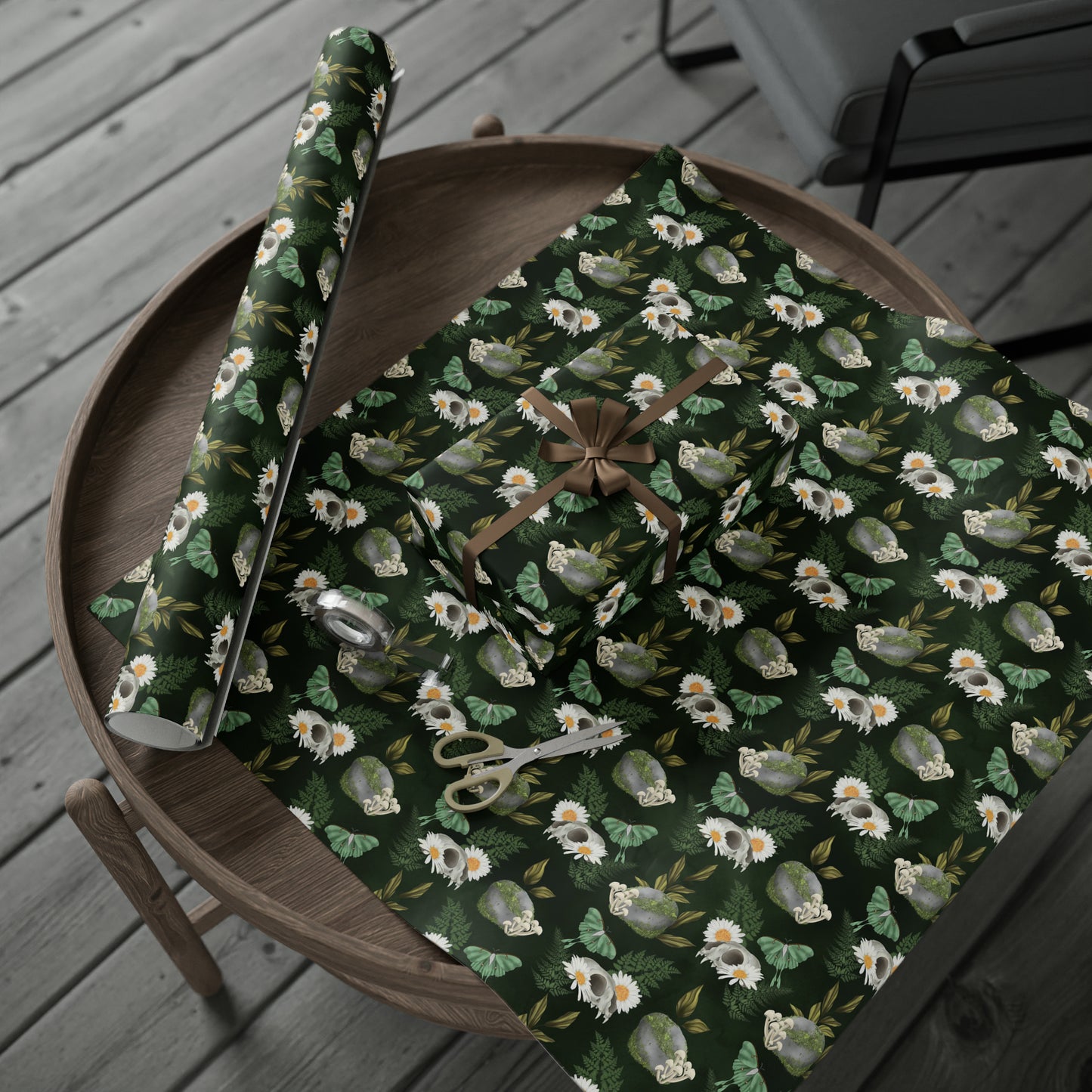 Green Witch Skulls & Moths | Witchy Wrapping Paper | Boutique Gift Wrap