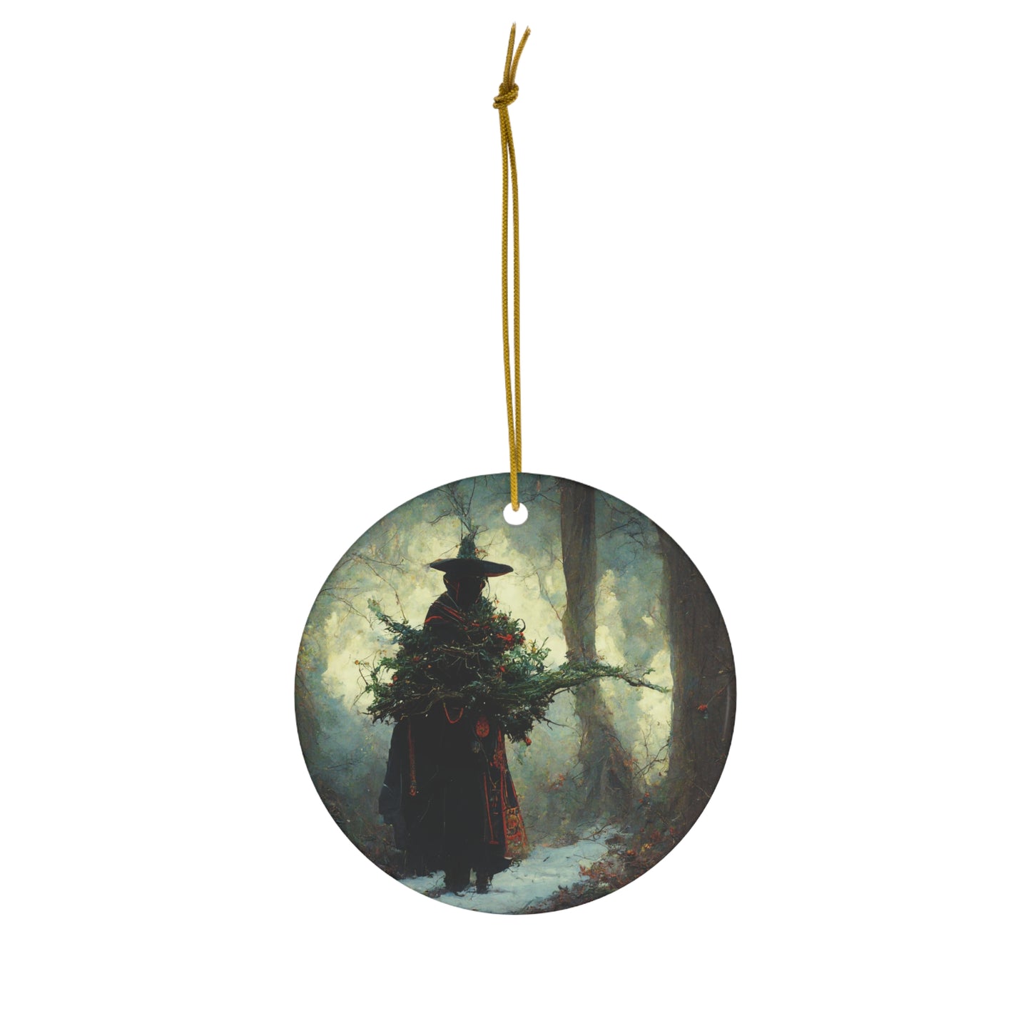 Ceramic Pagan Yule Ornament - Masculine Witch in the winter woods of yule - Blessed Yule! Round Circle ornament for Yule Tree