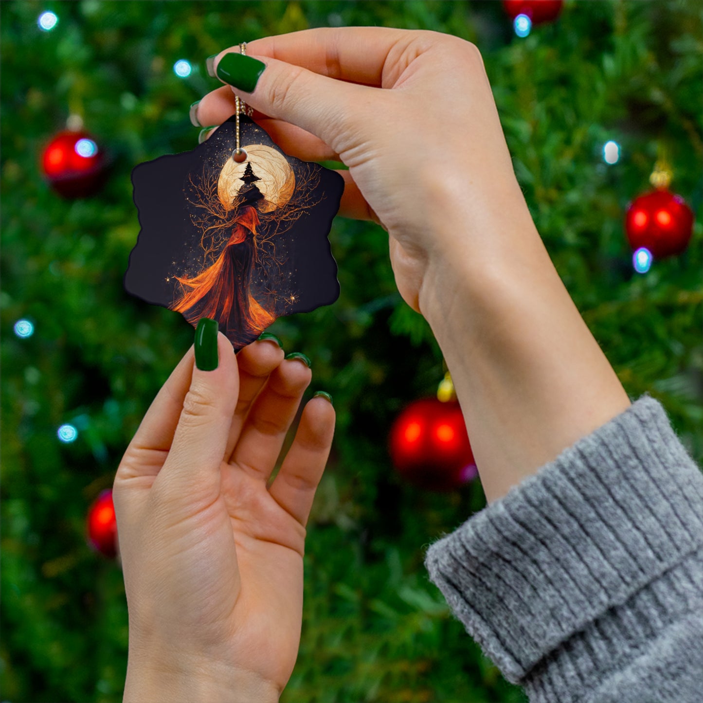 Witchy Yule Ornament - Full Moon ceremony in the Woods with Cloaked Witch - Blessed Yule! Ceramic ornament for Yule Tree or home decoration