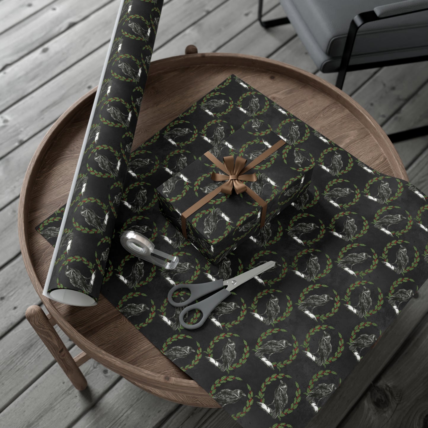 Gothic Yule Wrapping Paper - Witchy Gift Wrap - Raven & Wreath on Black | Gothic Christmas