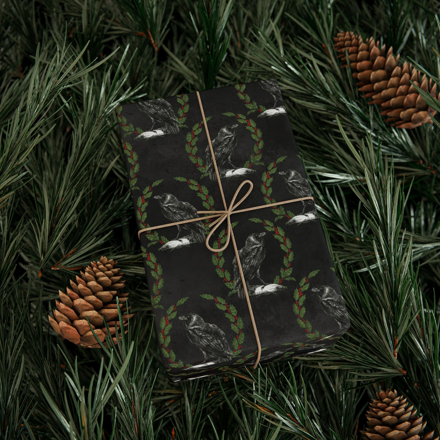 Gothic Yule Wrapping Paper - Witchy Gift Wrap - Raven & Wreath on Black | Gothic Christmas