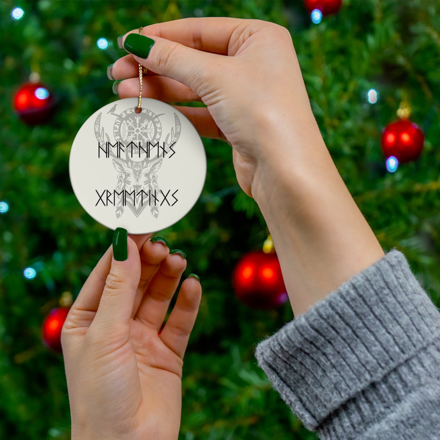 Heathen's Greetings, Ceramic Yule Ornaments, Futhark Stag Vegvisir Witchcraft, Witch, Yule Pagan Norse Decor, Pagan Gift, Witchy Gift