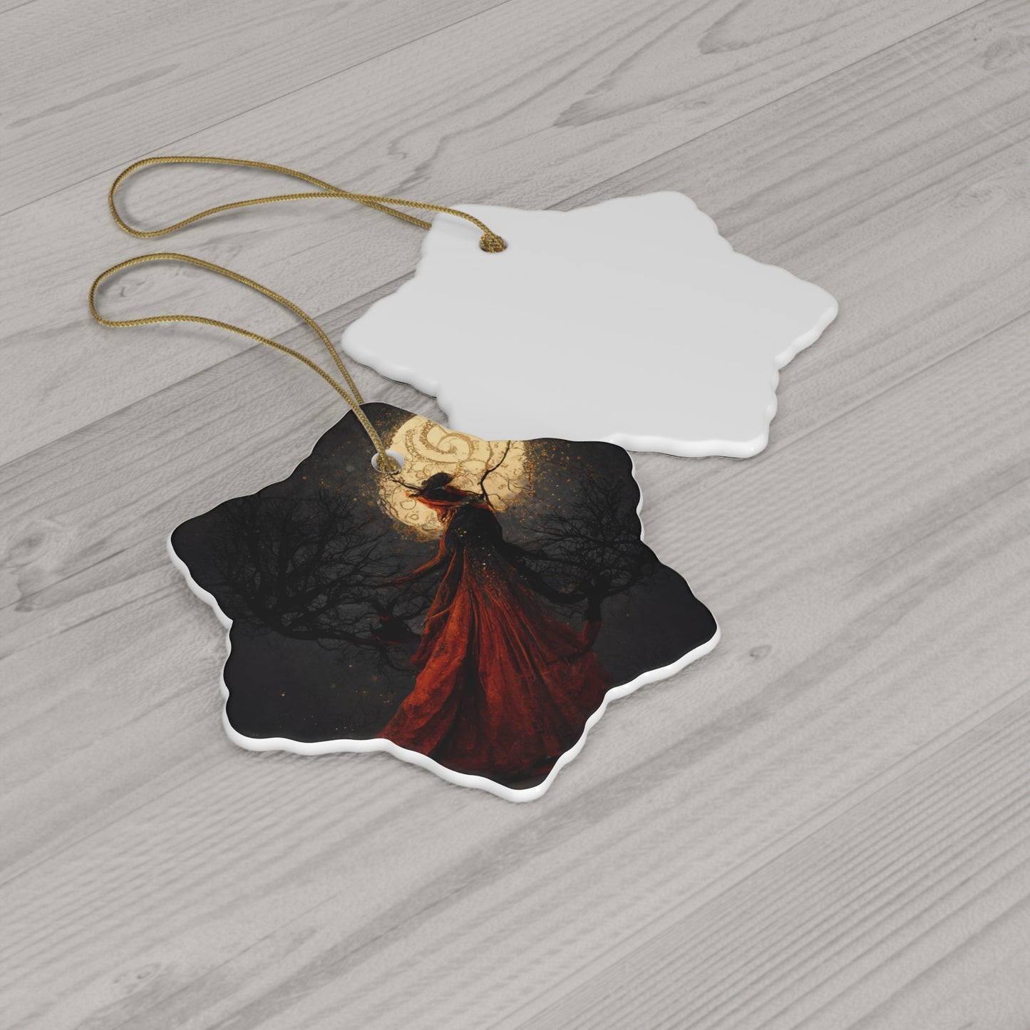 Witchy Yule Ornament - Full Moon Ceremony in the Woods with Cloaked Witch - Blessed Yule! Ceramic ornament for Yule Tree or home decoration