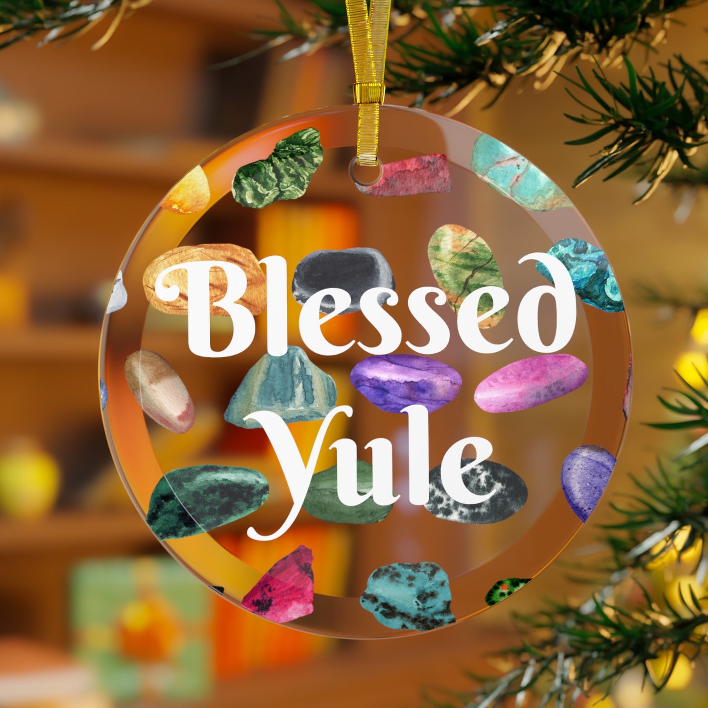 Glass Yule Ornament with Gemstone Design - Christmas Ornament - Ornament for Tree Winter Solstice - Pagan, Witch, Witchcraft Blessed Yule