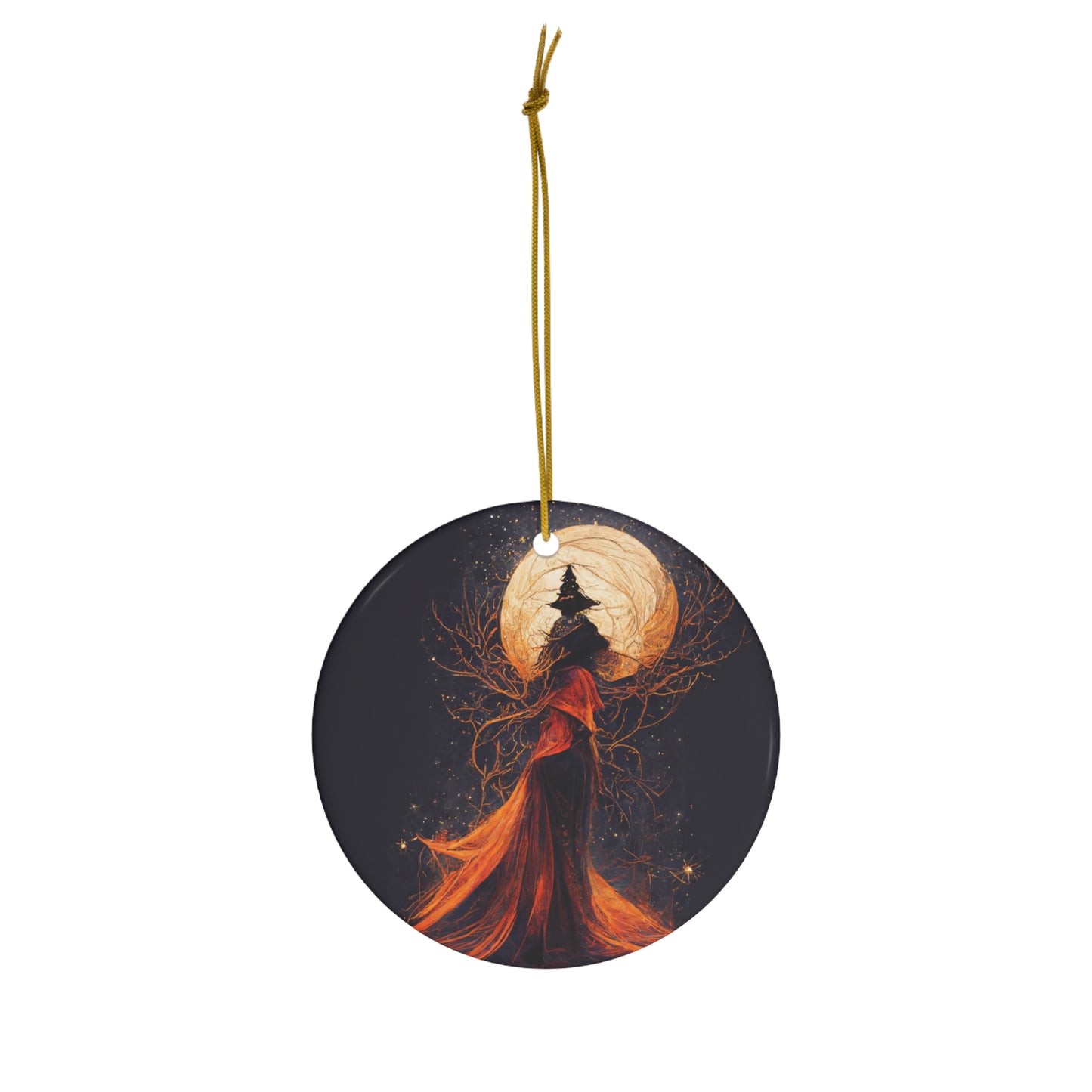 Witchy Yule Ornament - Full Moon ceremony in the Woods with Cloaked Witch - Blessed Yule! Ceramic ornament for Yule Tree or home decoration