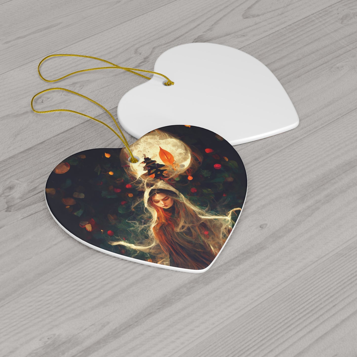 Witchy Yule Ornament - Full Moon Cloaked witch in the woods - Blessed Yule! Ceramic ornament for Yule Tree wiccan pagan witchcraft gift