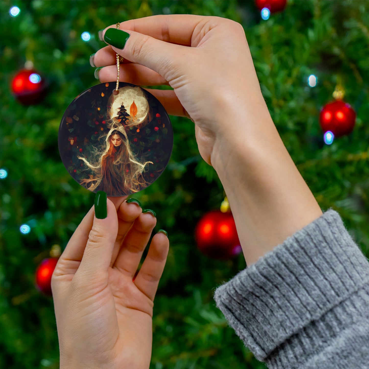 Witchy Yule Ornament - Full Moon Cloaked witch in the woods - Blessed Yule! Ceramic ornament for Yule Tree wiccan pagan witchcraft gift