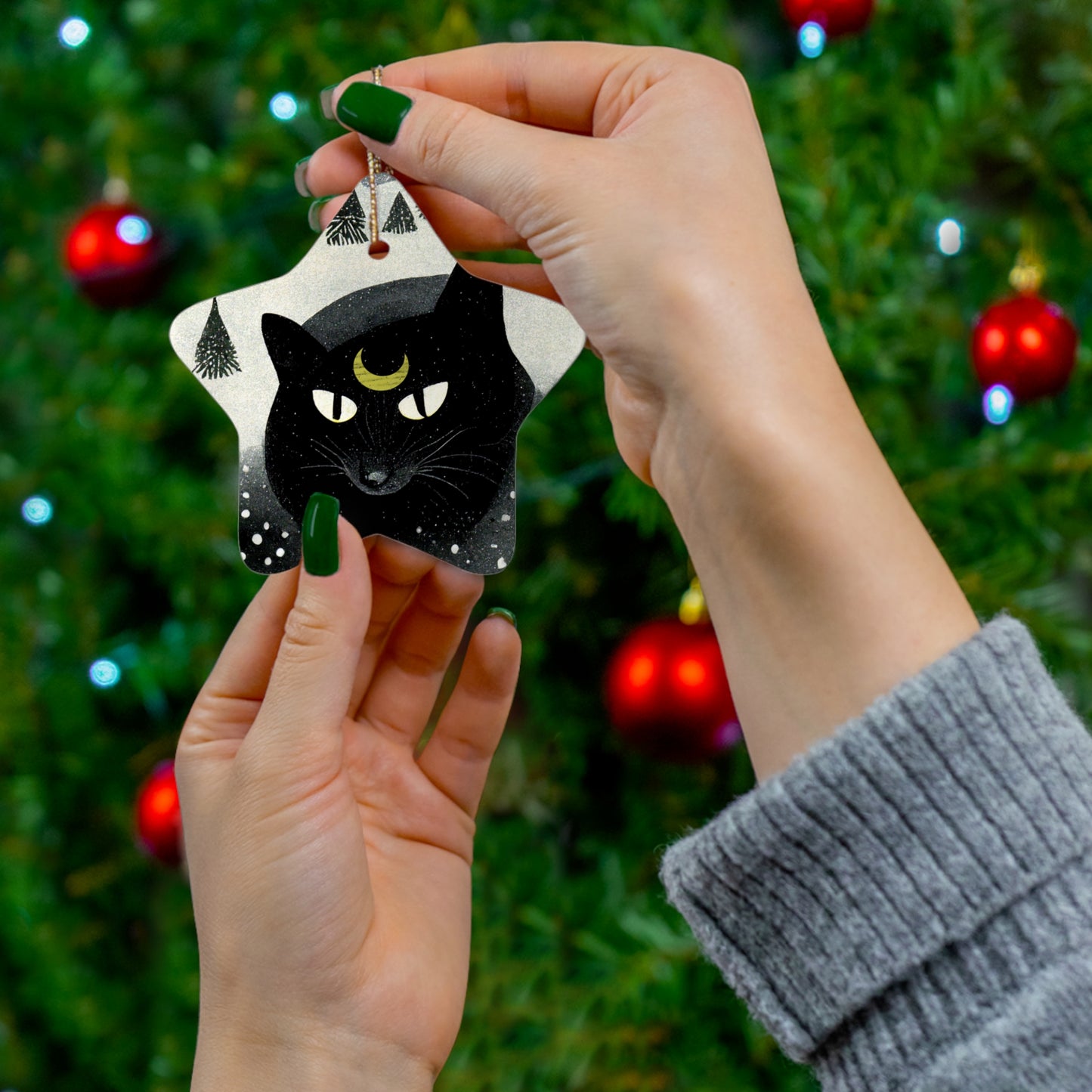 Witchy Yule Ornament - Ceramic Black Cat Yule Ornament - Blessed Yule! For Yule Tree pagan man gift wiccan gift pagan decor, witchy Familiar