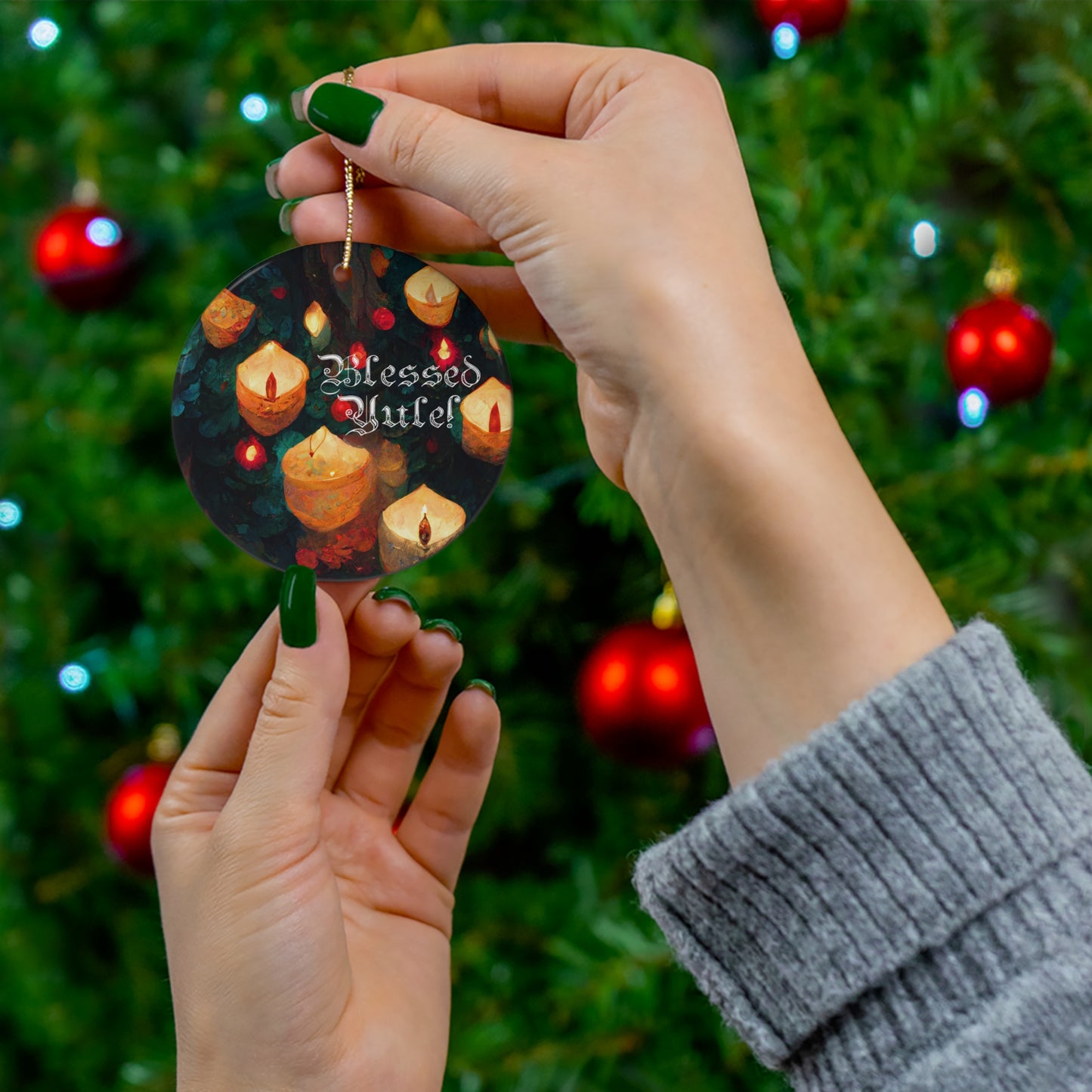 Witchy Yule Ornament - Yule Tree with candles and lights - Blessed Yule! ornament for Yule Tree or home decor wiccan pagan witchcraft