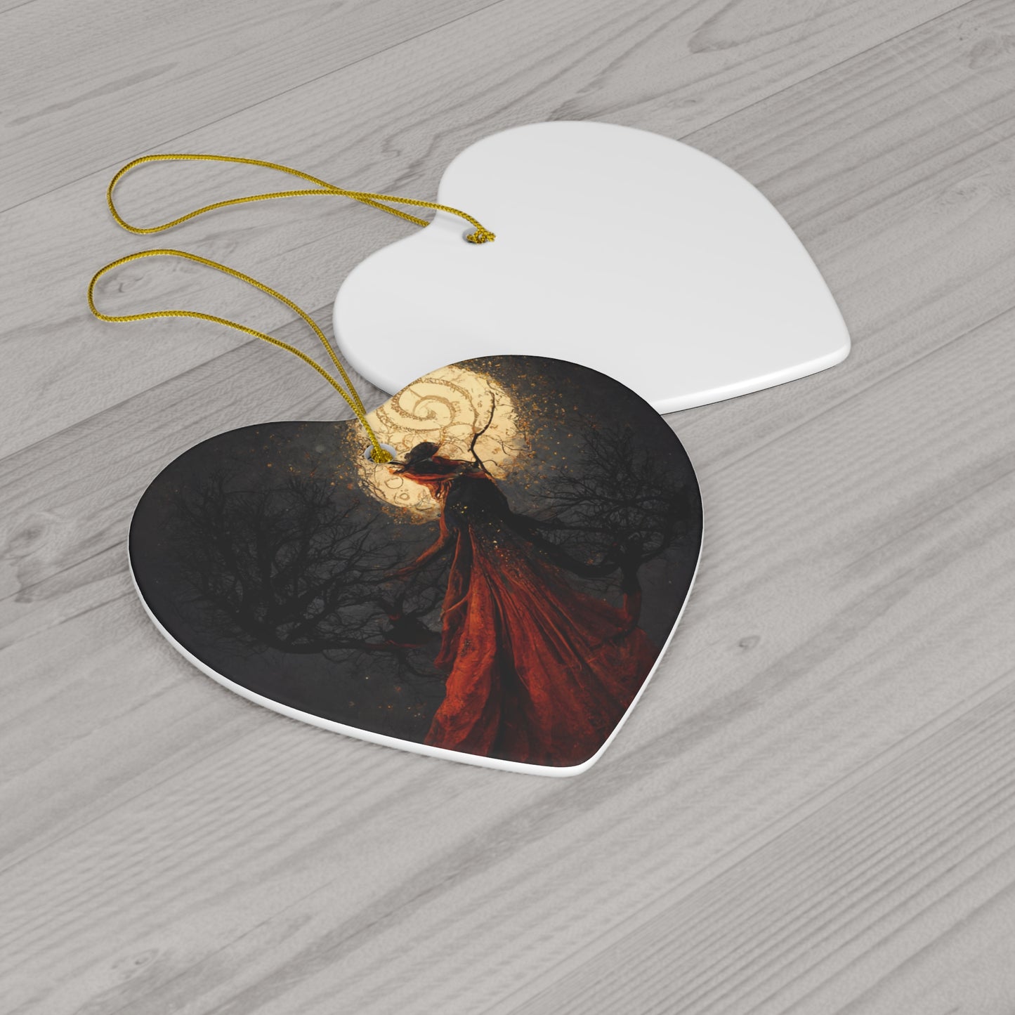 Witchy Yule Ornament - Full Moon Ceremony in the Woods with Cloaked Witch - Blessed Yule! Ceramic ornament for Yule Tree or home decoration
