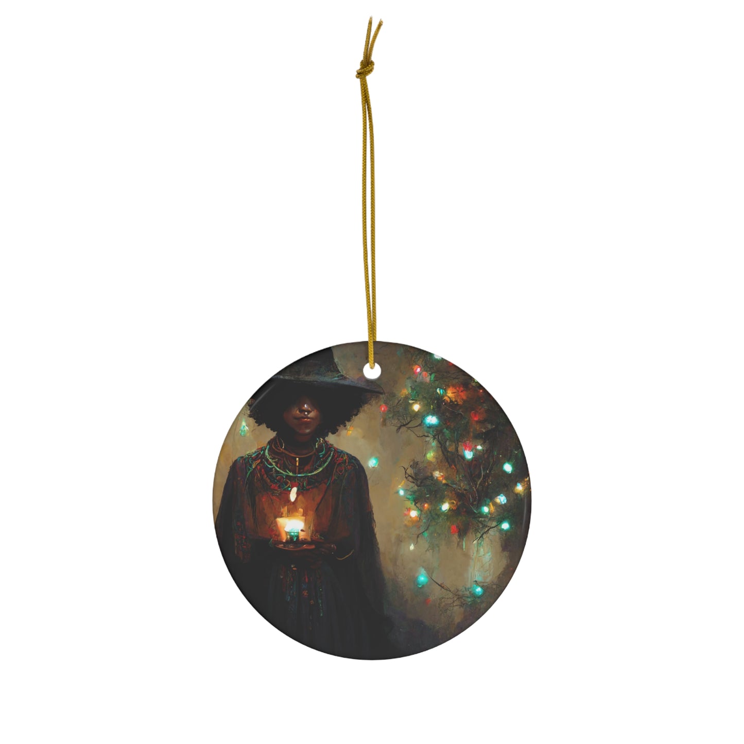 Witchy Yule Ornament - Witchy woman holding a candle with yule lights Blessed Yule! Ceramic ornament for Yule Tree black woman wiccan pagan