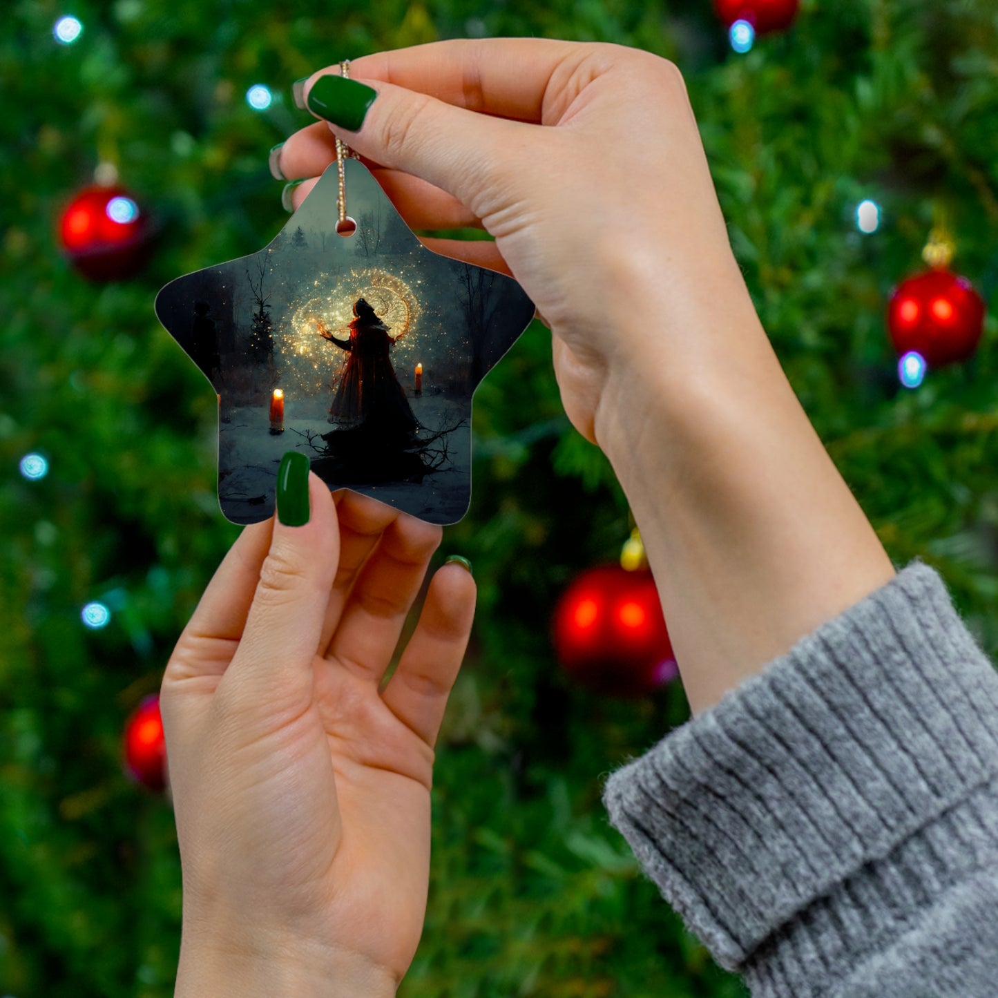 Witchy Yule Ornament - Candle Ceremony in the Woods with Cloaked Witch - Blessed Yule! Ceramic ornament for Yule Tree or home decoration