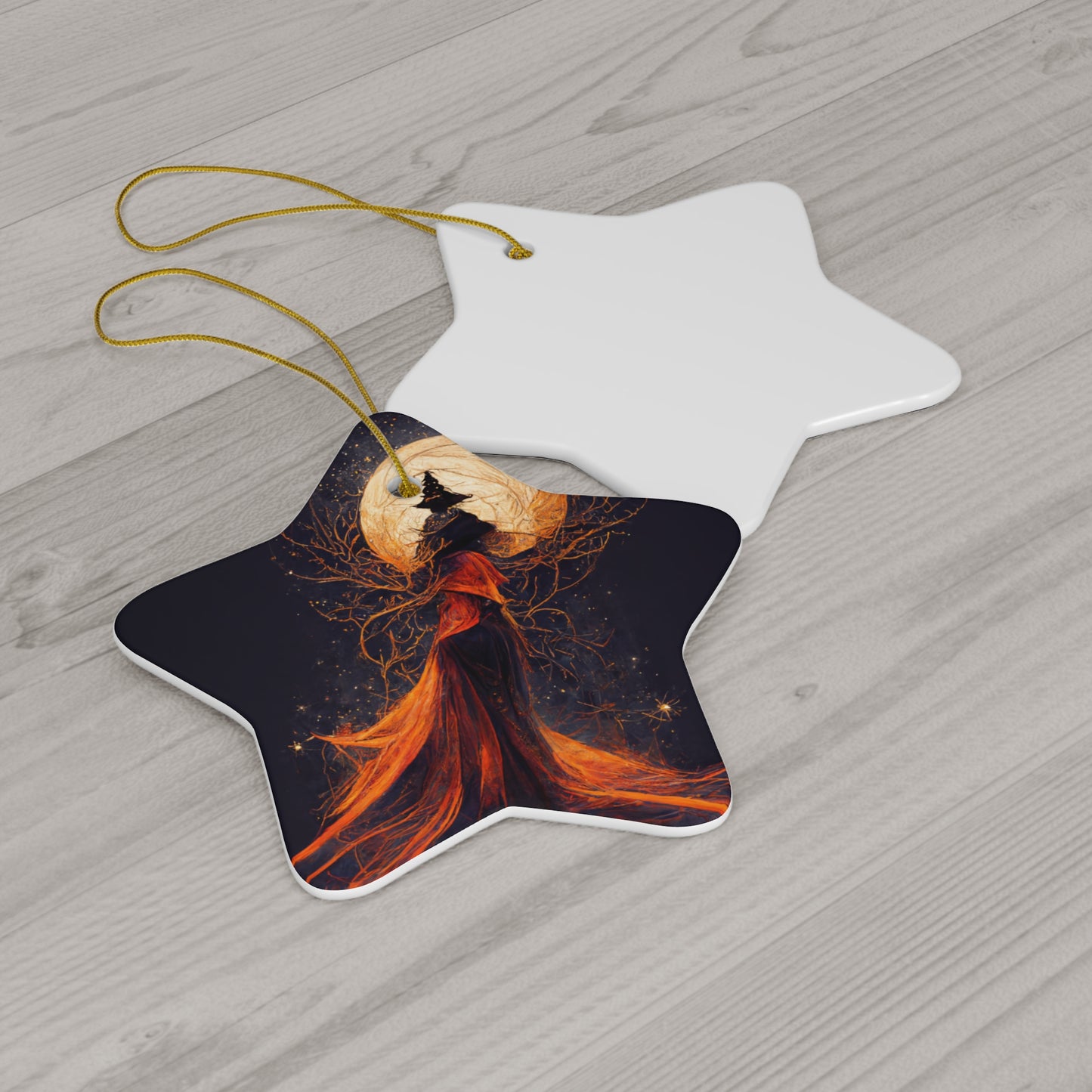 Witchy Yule Ornament - Full Moon ceremony in the Woods with Cloaked Witch - Blessed Yule! Ceramic ornament for Yule Tree or home decoration