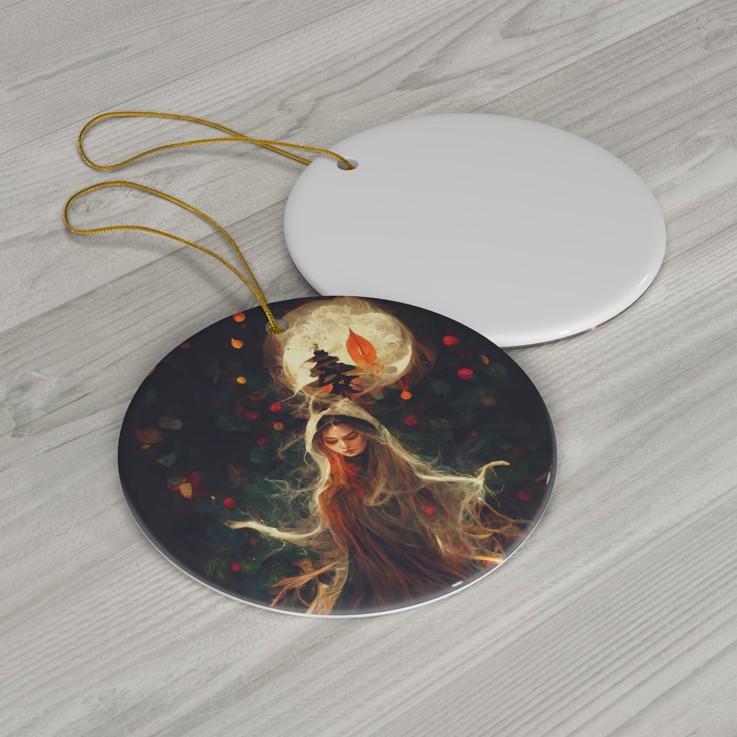 Witchy Yule Ornament - Full Moon Cloaked witch in the woods - Blessed Yule! Ceramic ornament for Yule Tree wiccan pagan witchcraft gift