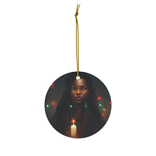 Witchy Yule Ornament - Witchy woman holding a candle - Blessed Yule! Ceramic ornament for Yule Tree or home decor wiccan pagan black woman