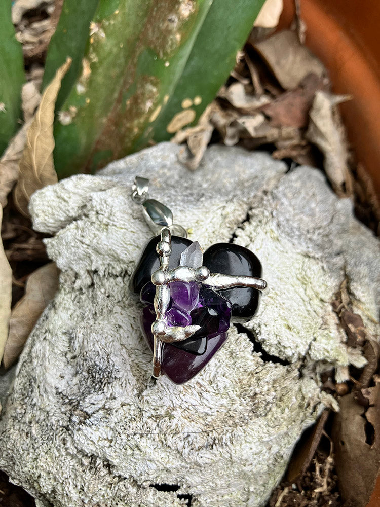 Crystal Amulet | PROTECTION | Amethyst, Black Tourmaline, Black Obsidian and Clear Quartz Crystal