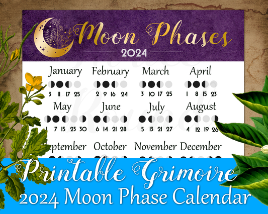 2024 Moon Phase Calendar - Printable Book of Shadows Page - Grimoire Download