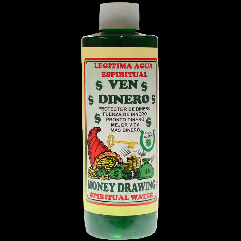 A bottle of 'Money Drawing' spiritual water, with a label featuring a red rooster, green dollar signs, and text promoting its use for attracting financial success.