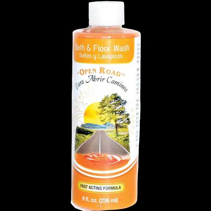 A plastic bottle of 'Open Road' bath and floor wash with a label depicting a road and trees, indicating a volume of 8 oz.