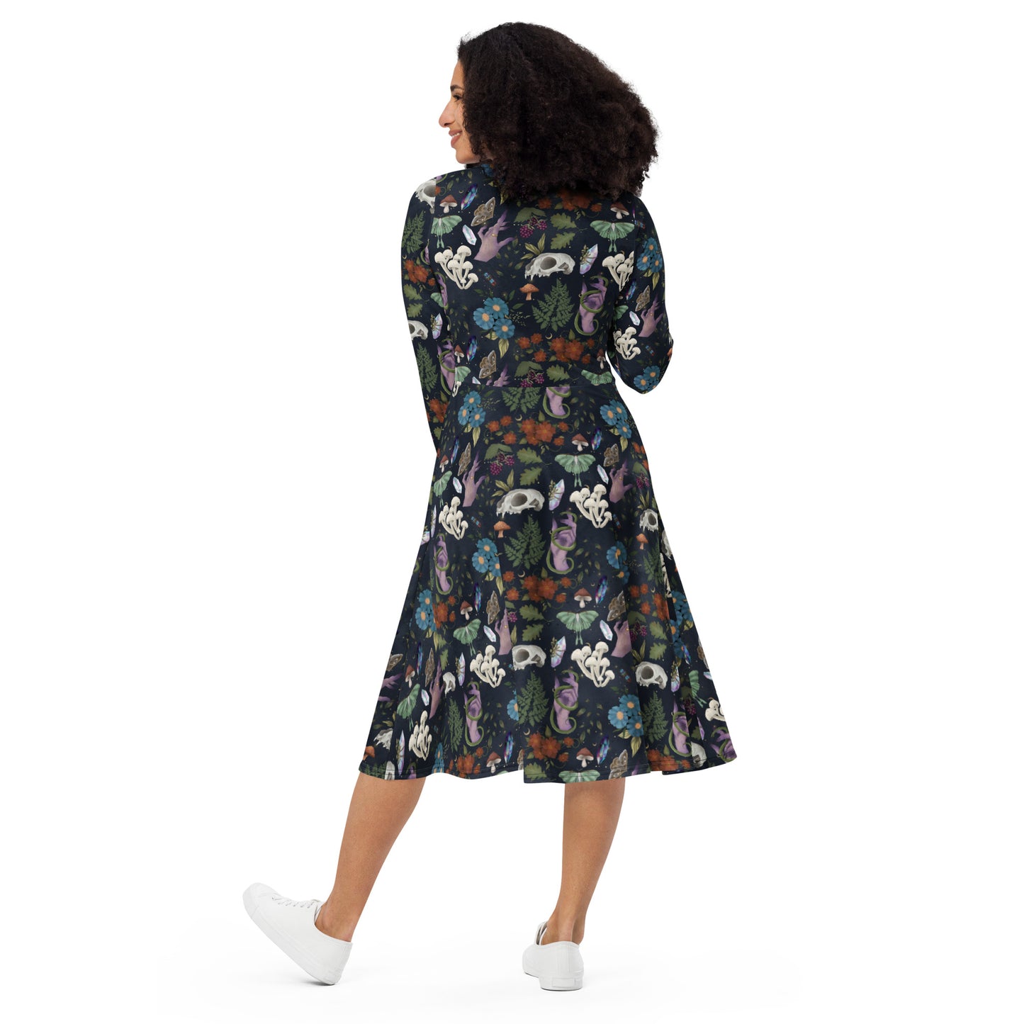 Green Witch Dress with Pockets | Skulls Mushrooms Moths & Botanicals