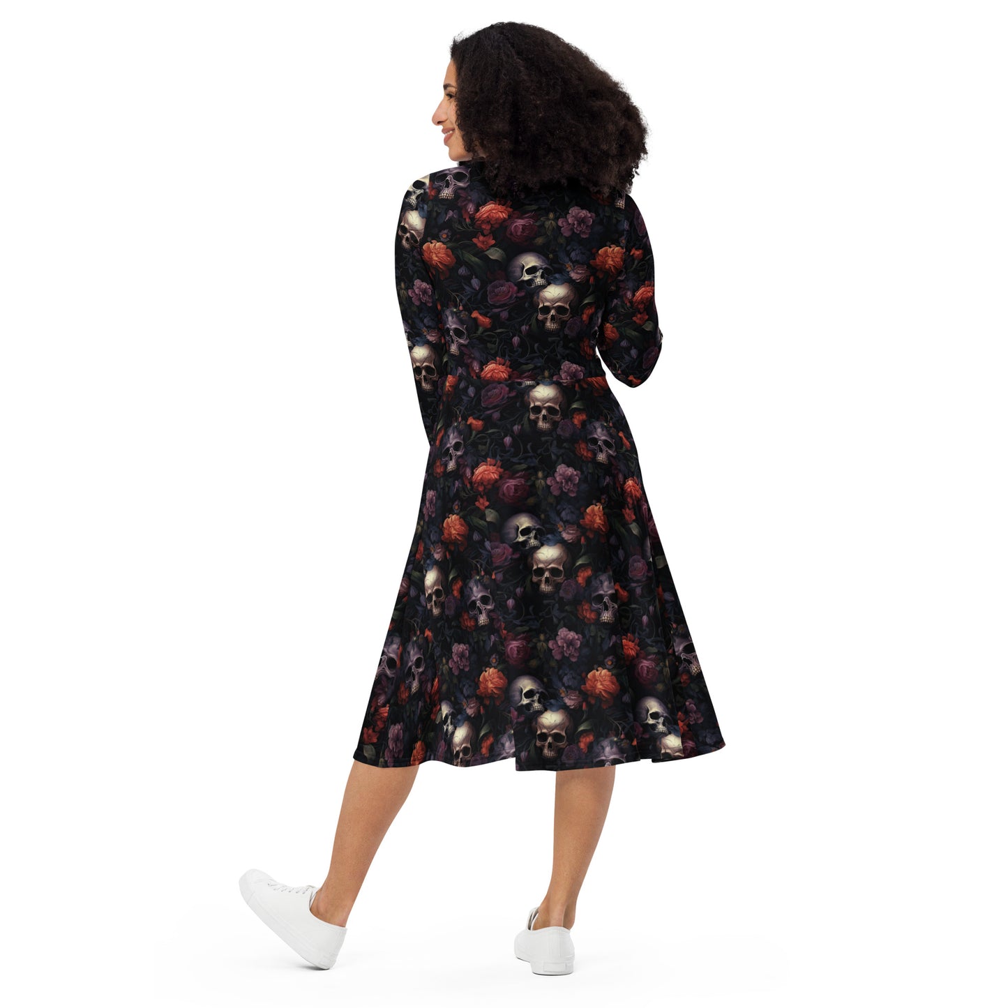 Gothic Skulls & Flowers | Long Sleeve Midi Length Dress | Witchy Dress