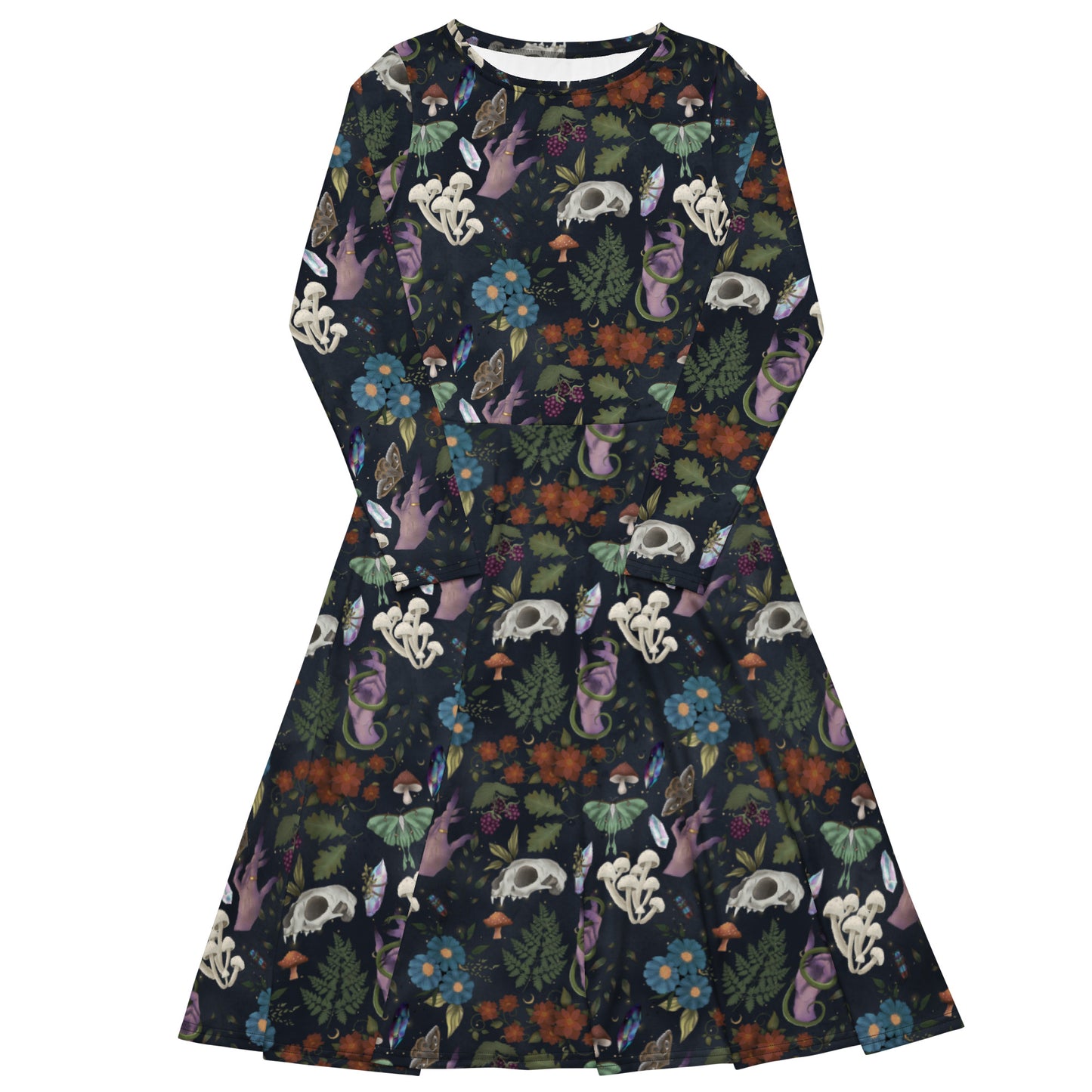 Green Witch Dress with Pockets | Skulls Mushrooms Moths & Botanicals