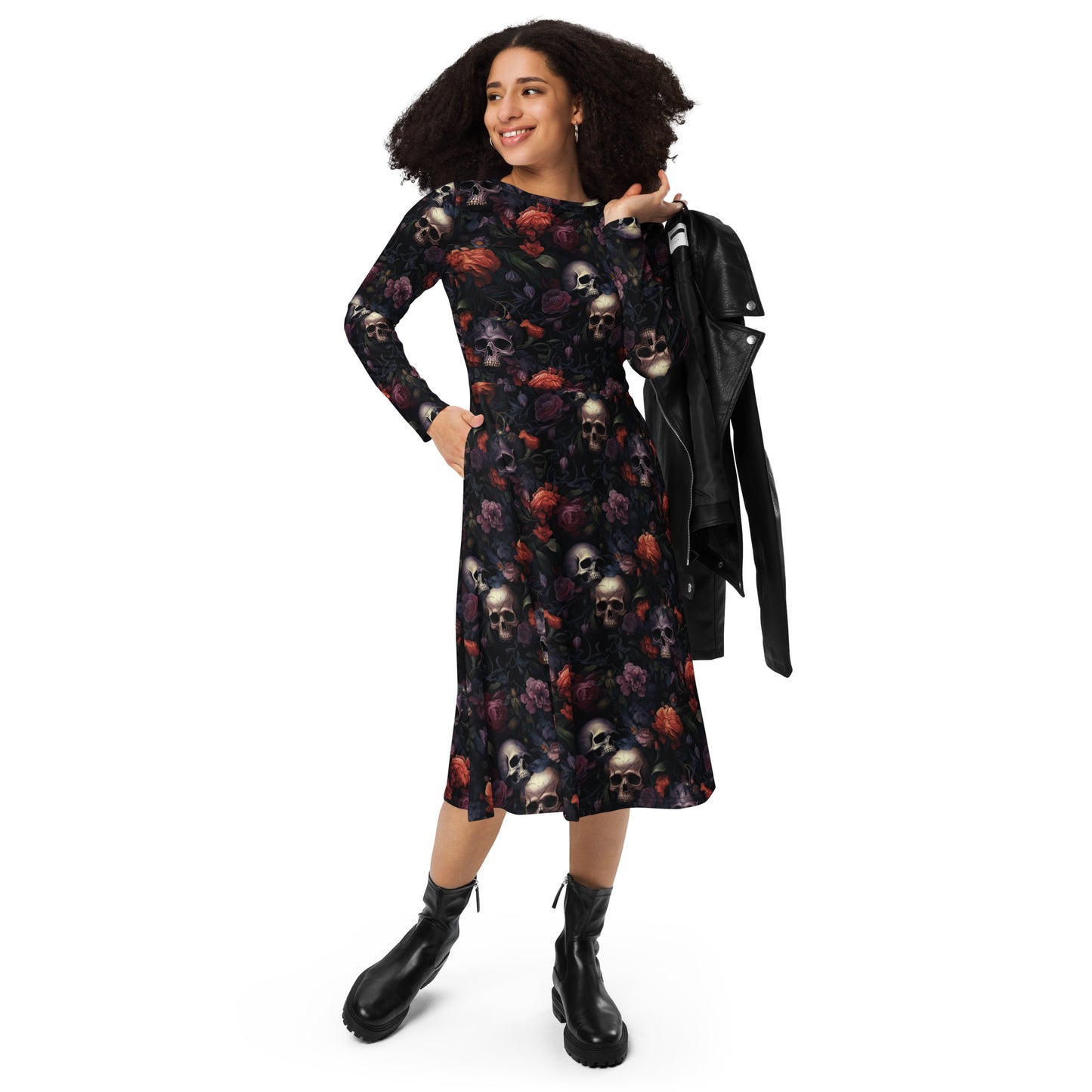 Gothic Skulls & Flowers | Long Sleeve Midi Length Dress | Witchy Dress
