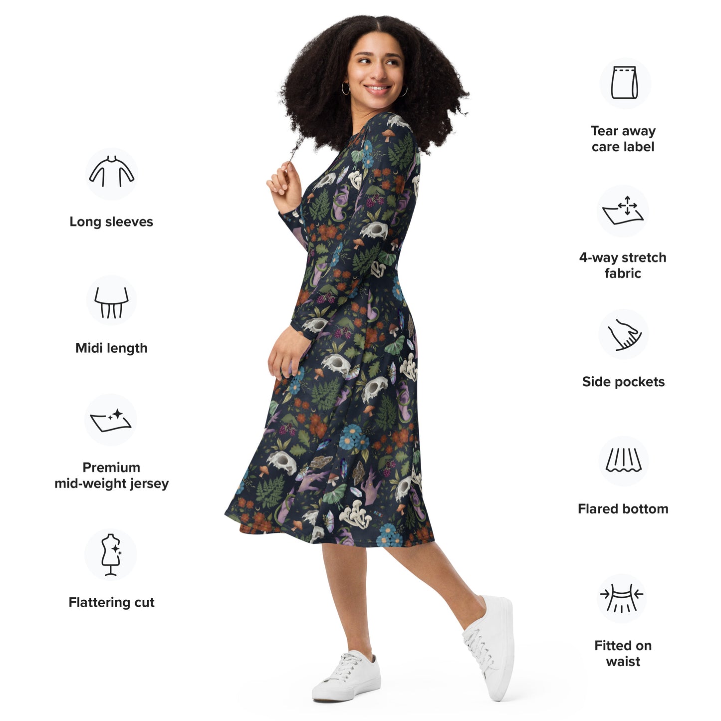 Green Witch Dress with Pockets | Skulls Mushrooms Moths & Botanicals