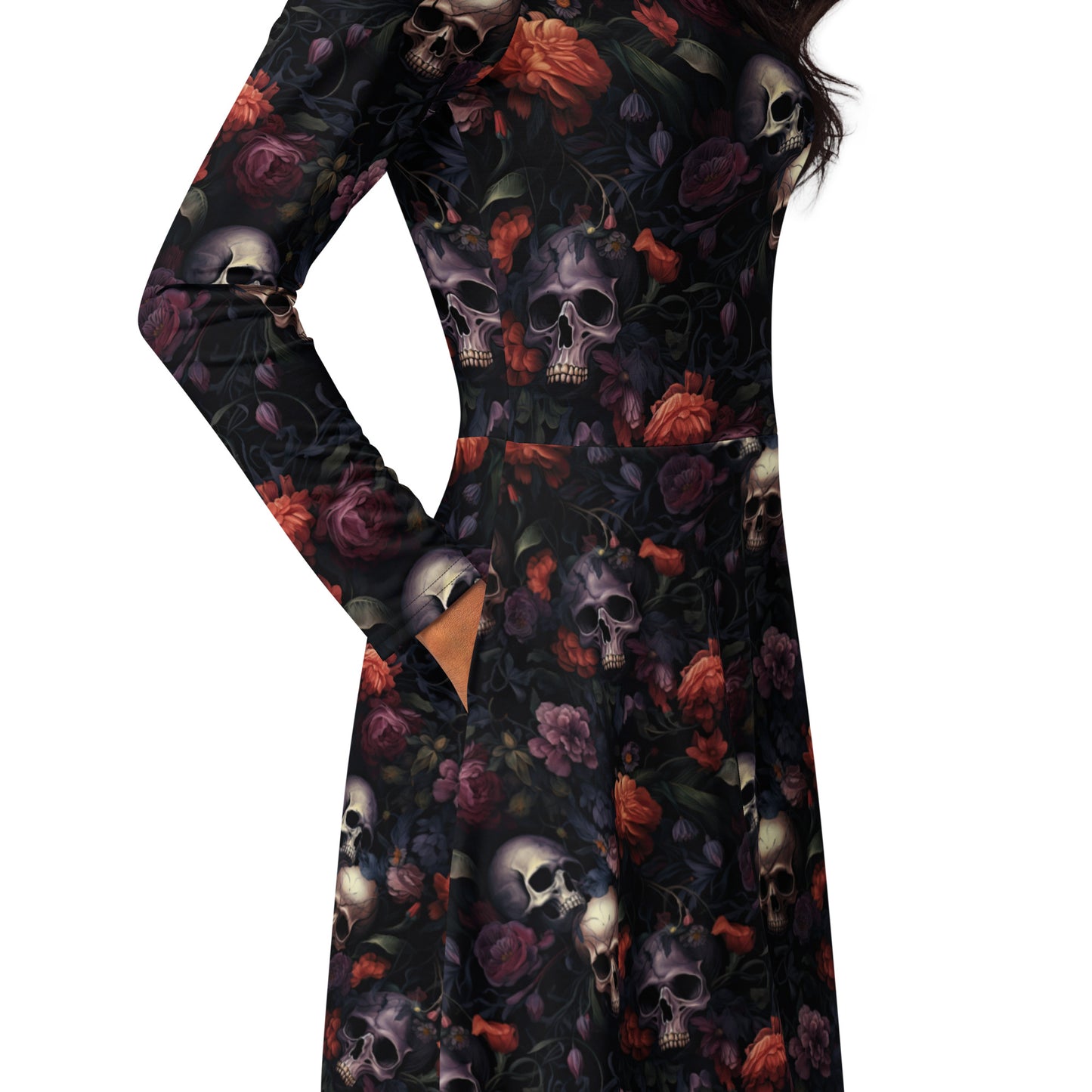 Gothic Skulls & Flowers | Long Sleeve Midi Length Dress | Witchy Dress