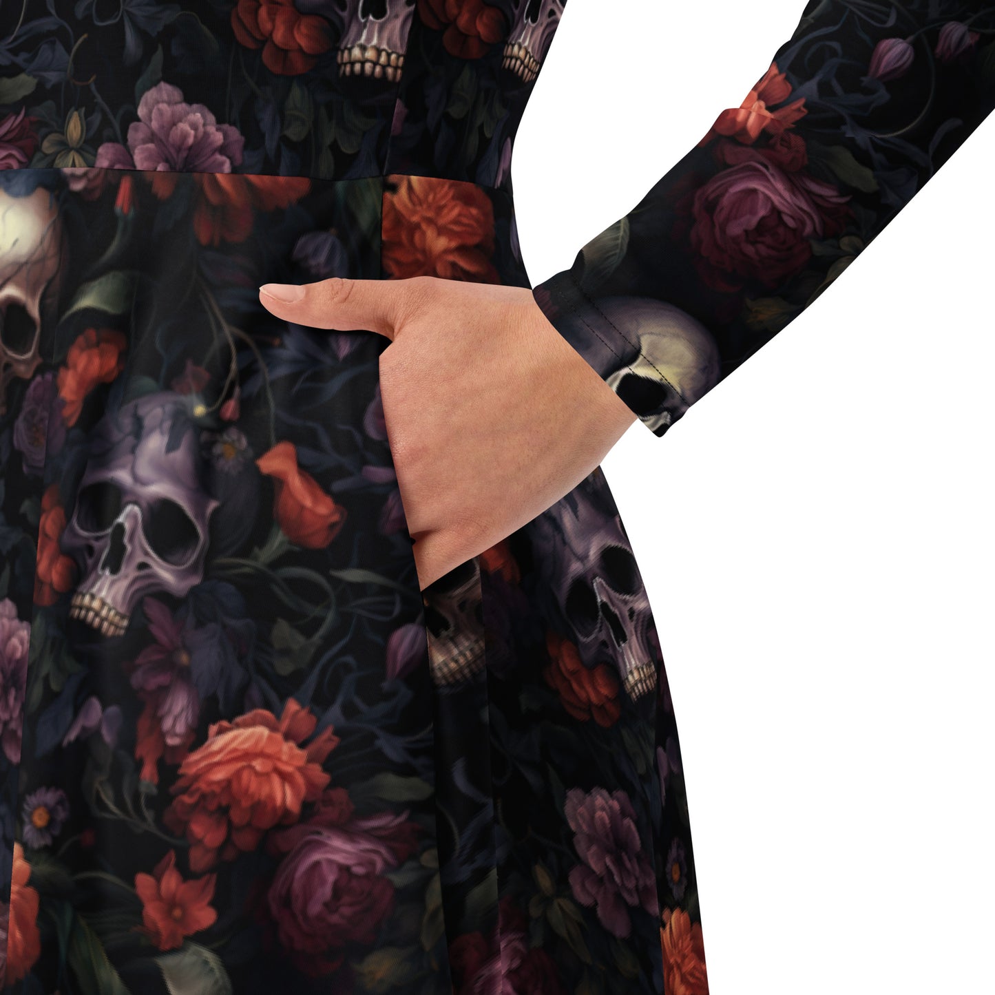Gothic Skulls & Flowers | Long Sleeve Midi Length Dress | Witchy Dress