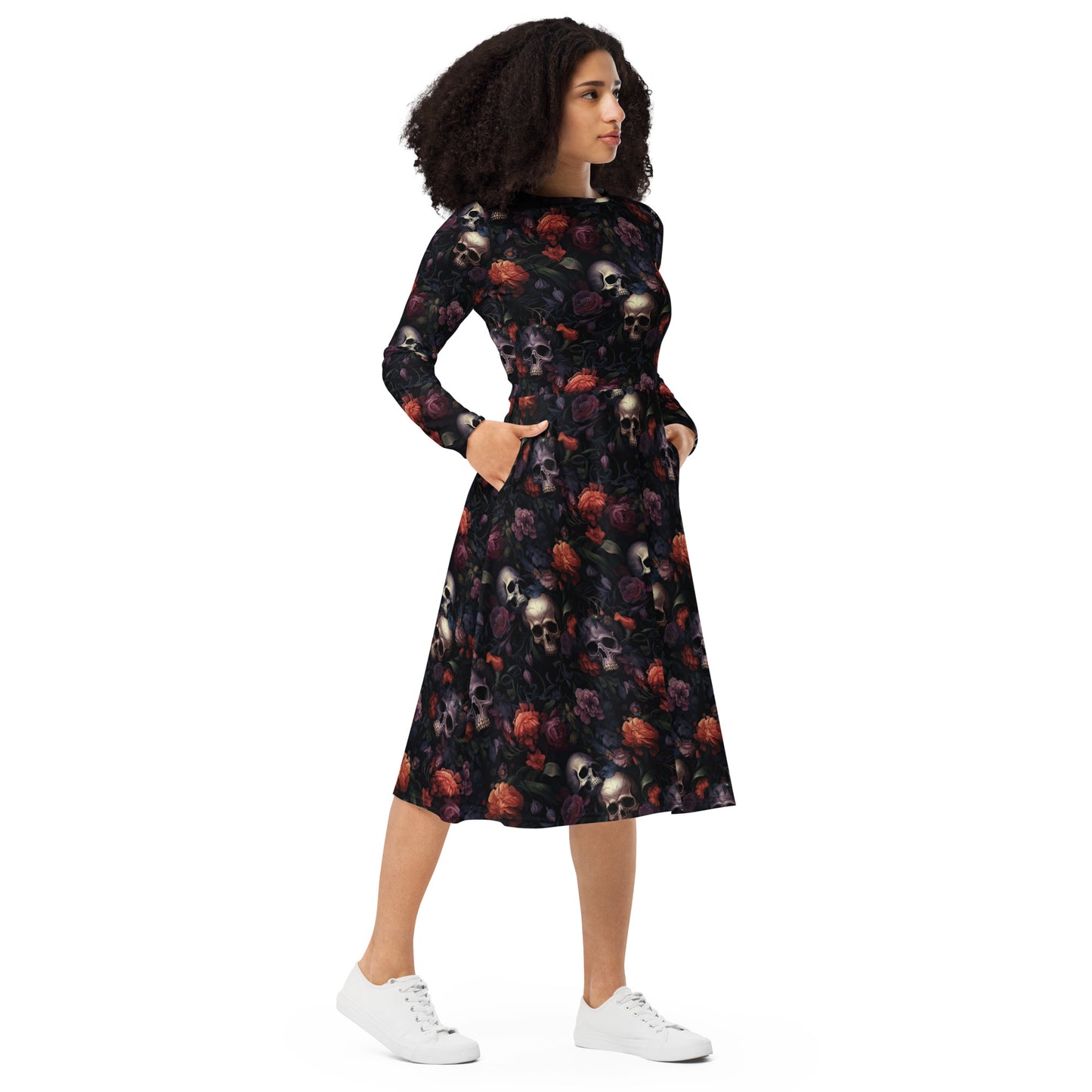 Gothic Skulls & Flowers | Long Sleeve Midi Length Dress | Witchy Dress