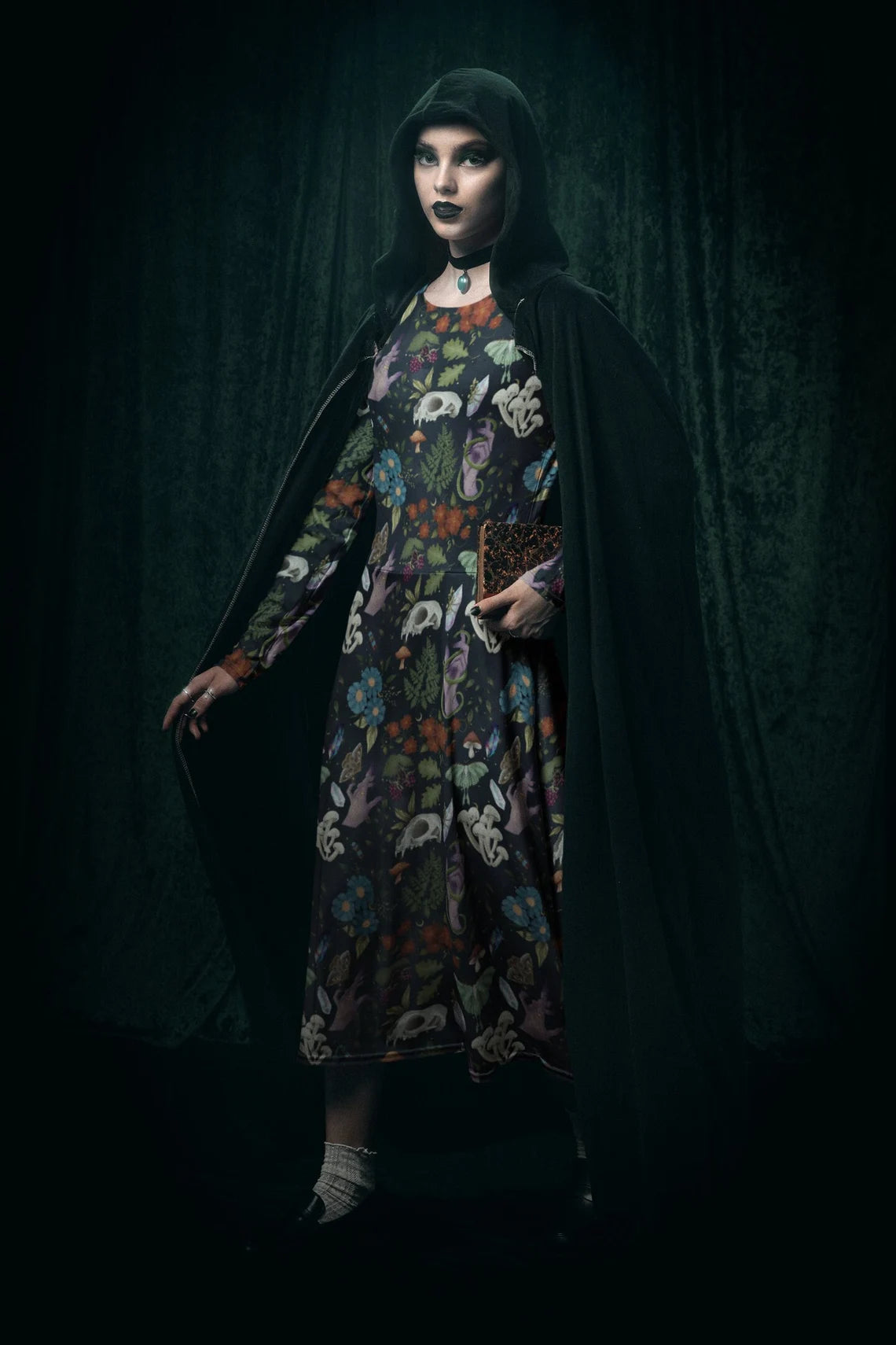 Green Witch Dress with Pockets | Skulls Mushrooms Moths & Botanicals