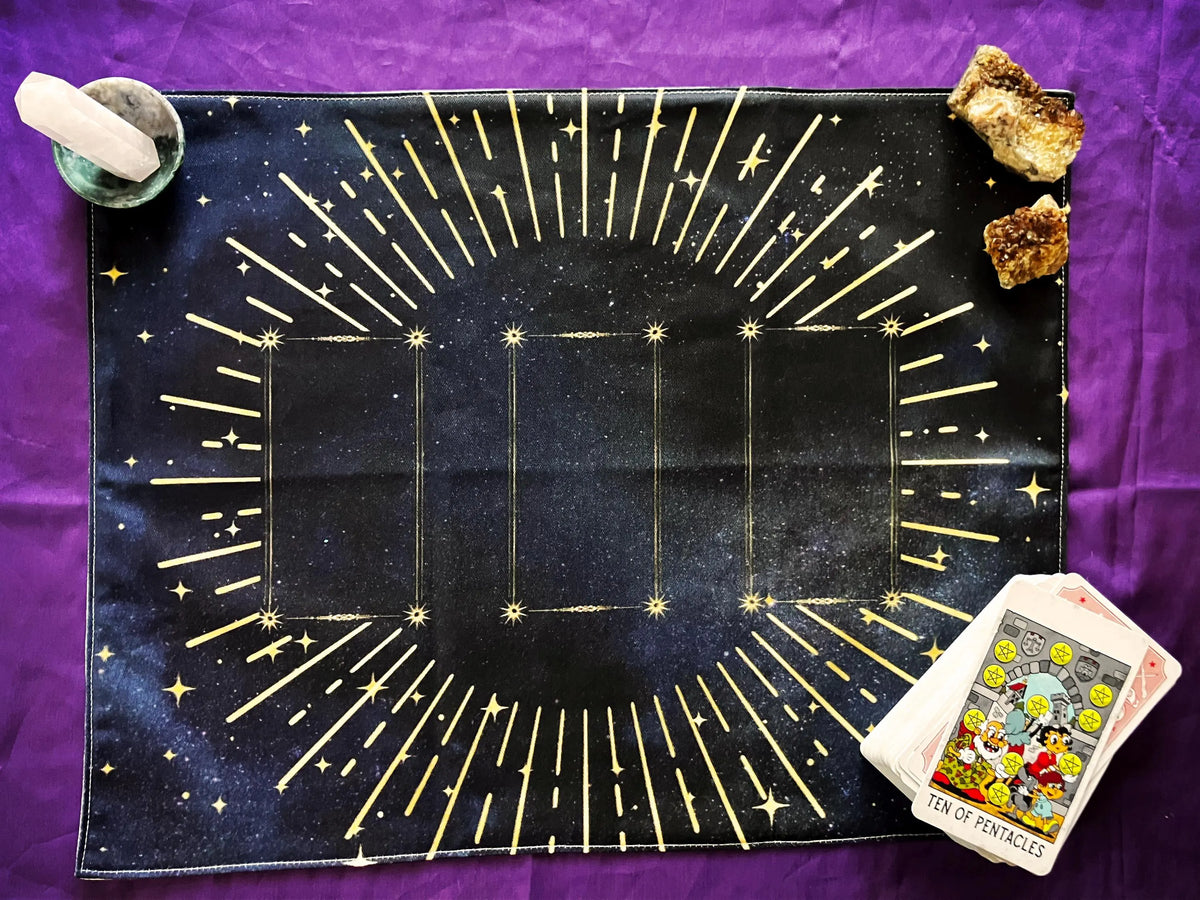 Three Card Spread Tarot Cloth – Night Sky Celestial Reading Mat, 18" x 14"