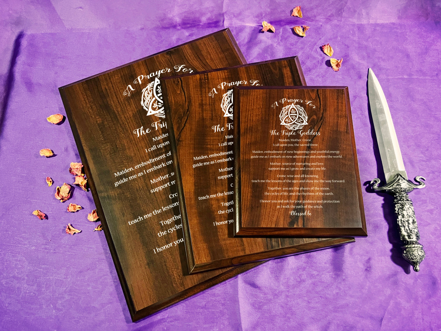 Triple Goddess Wiccan Prayer Plaque | Triquetra Moon Design