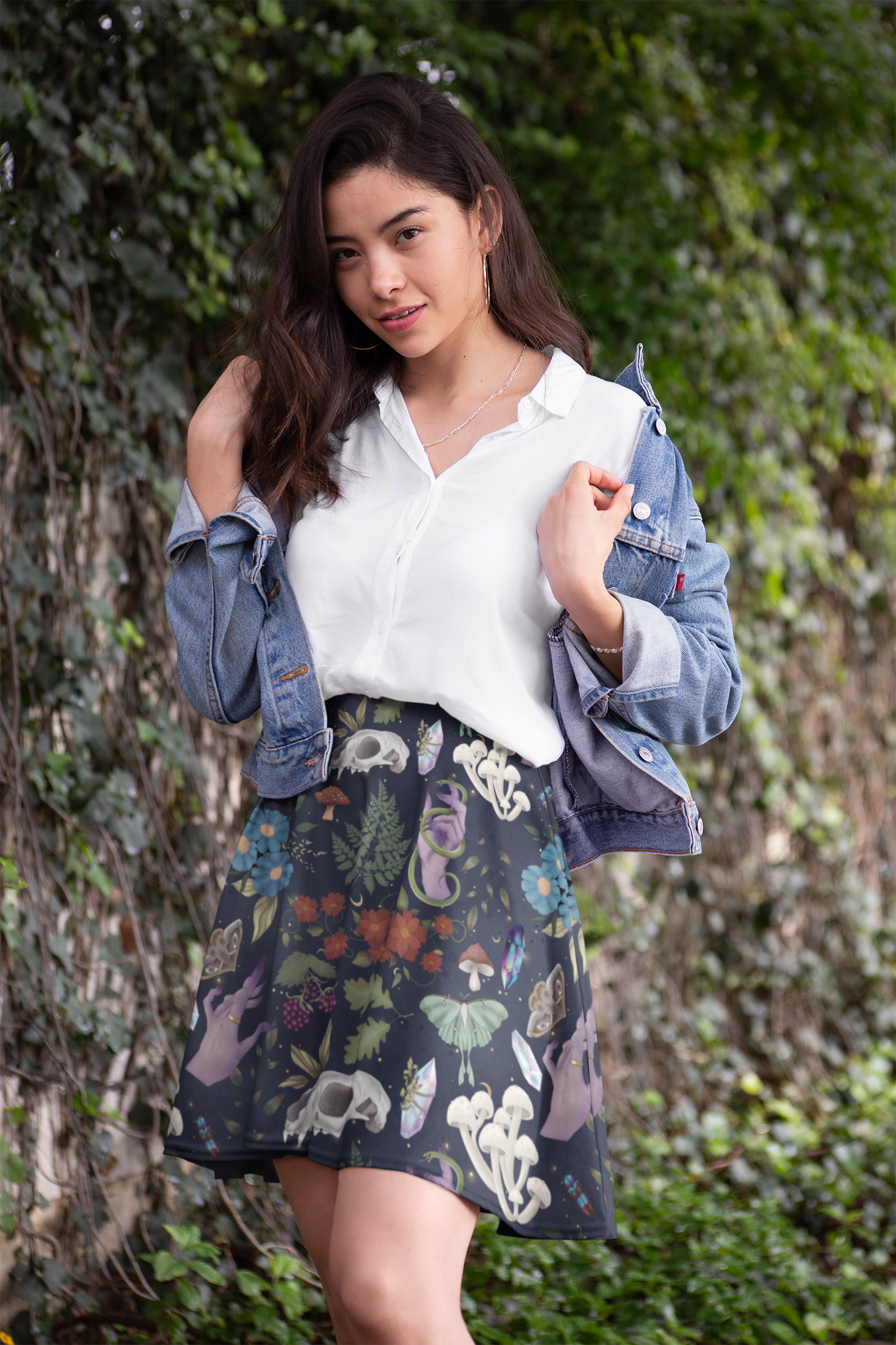 Skulls, Mushrooms & Moths | Witchy Skirt | Magical Skirt | Protection Symbol | Blue & White Skirt | Polyester Spandex