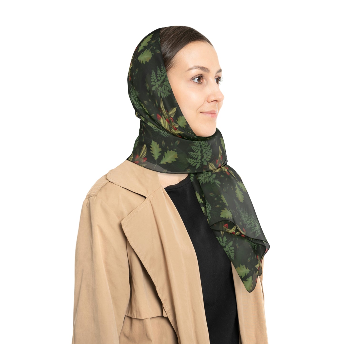 Witches Veil - Green witch Head scarf with ferns, botanicals and leaves Print Veil / Head Scarf - Witchy scarf perfect for veiling or fashion - Sheer, lightweight chiffon
