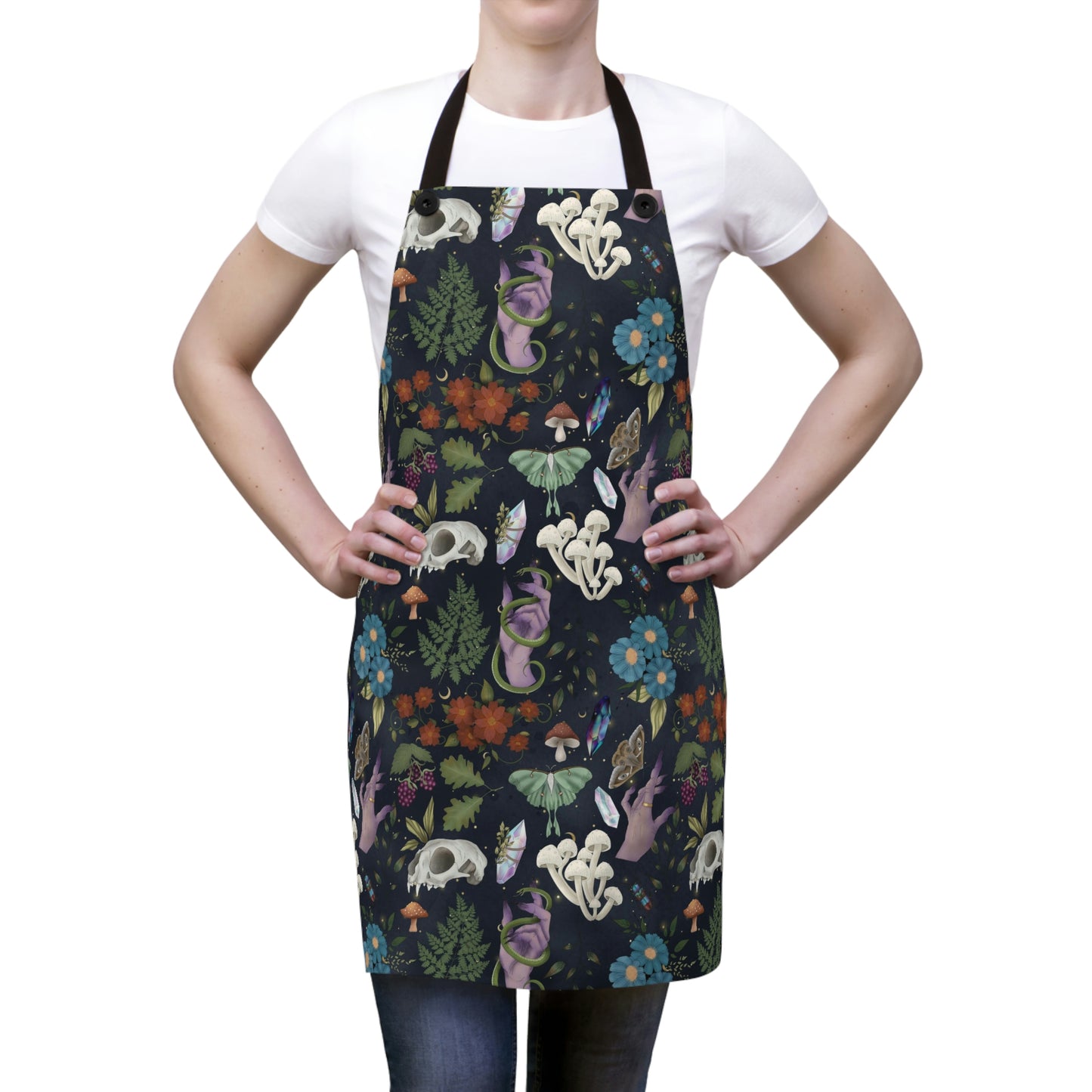 Kitchen Witch Apron - Featuring skulls, moths mushrooms, botanicals, crystals flowers & plants - One Size - witchy gift, wiccan gift