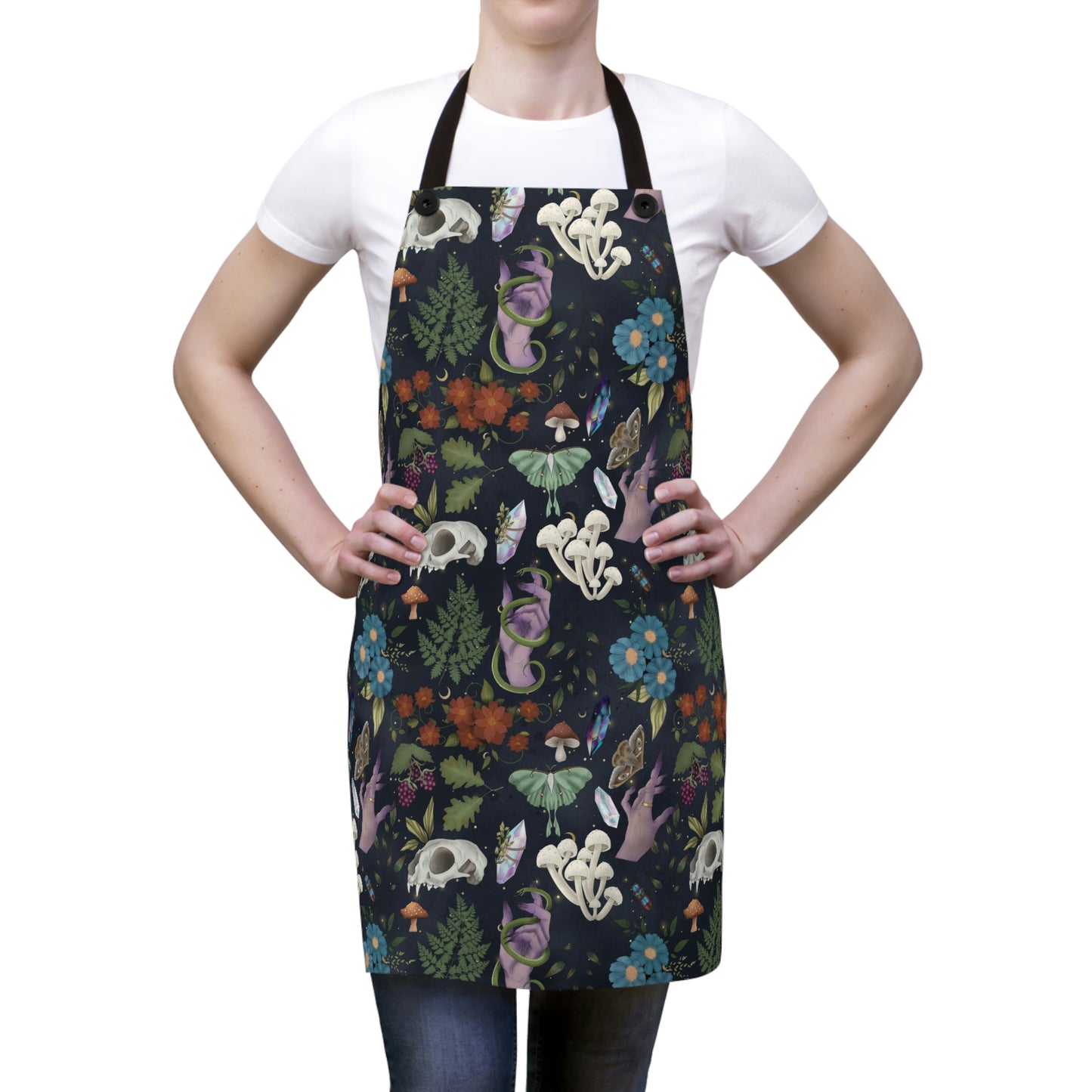 Kitchen Witch Apron - Featuring skulls, moths mushrooms, botanicals, crystals flowers & plants -  One Size - witchy gift, wiccan gift