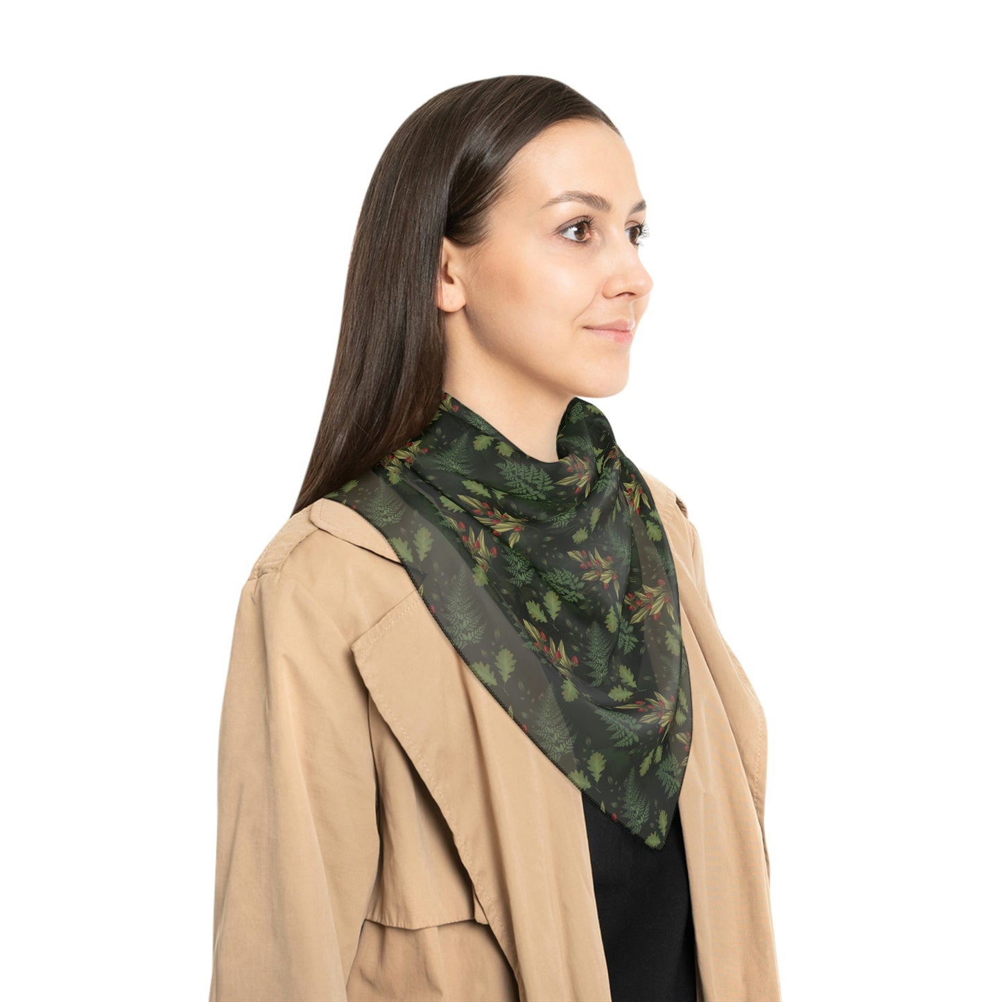 Witches Veil - Green witch Head scarf with ferns, botanicals and leaves Print Veil / Head Scarf - Witchy scarf perfect for veiling or fashion - Sheer, lightweight chiffon